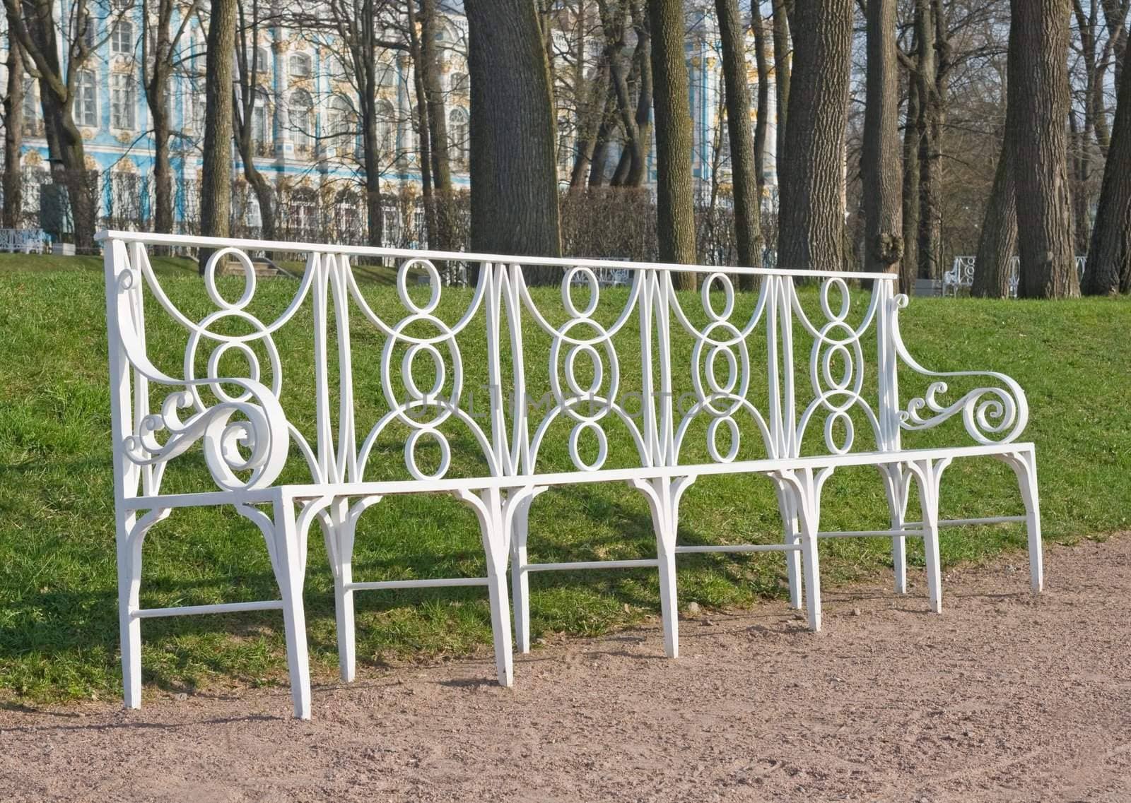 Laced metal bench in a park lane, town of Pushkin, Russia
