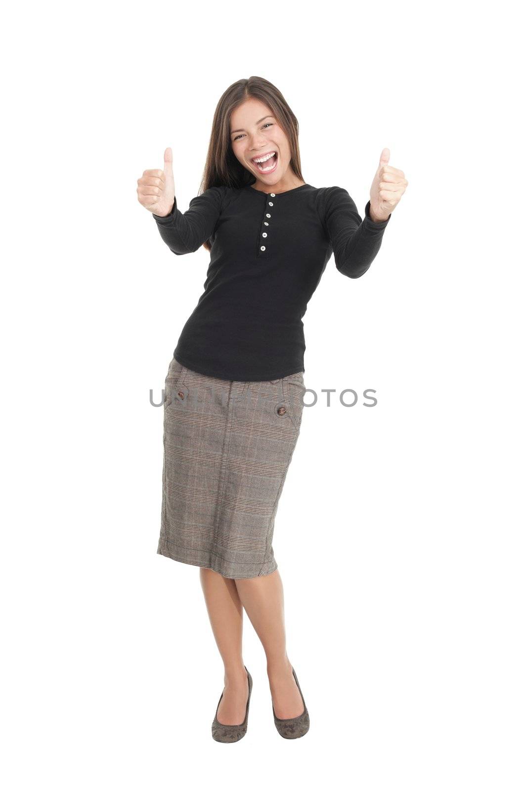 Happy businesswoman isolated on white giving thumbs up. Mixed race chinese / caucasian model.
