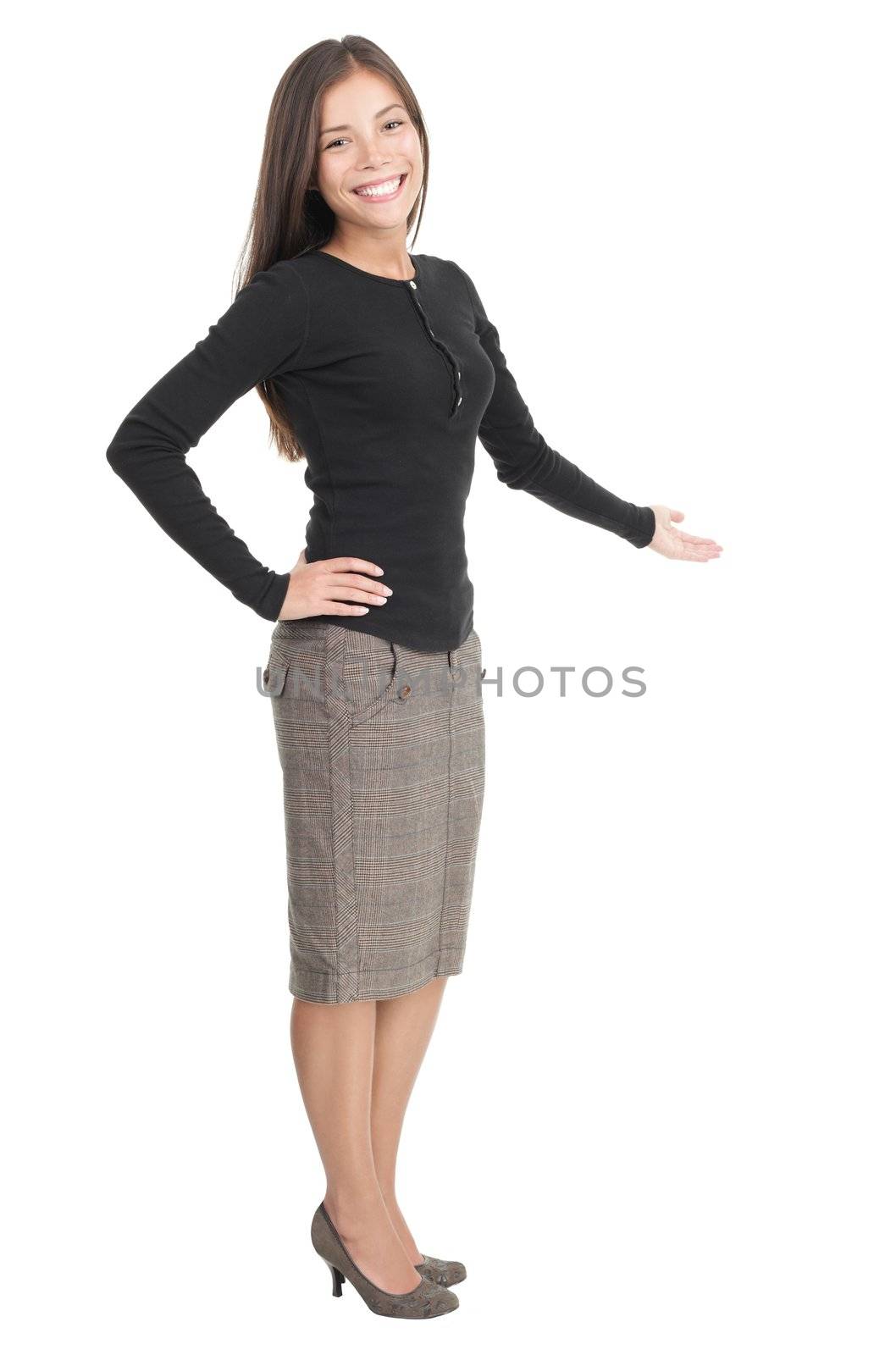 Casual businesswoman welcome gesture. Gorgeous kind looking young mixed race chinese / caucasian woman. Isolated on white background.
