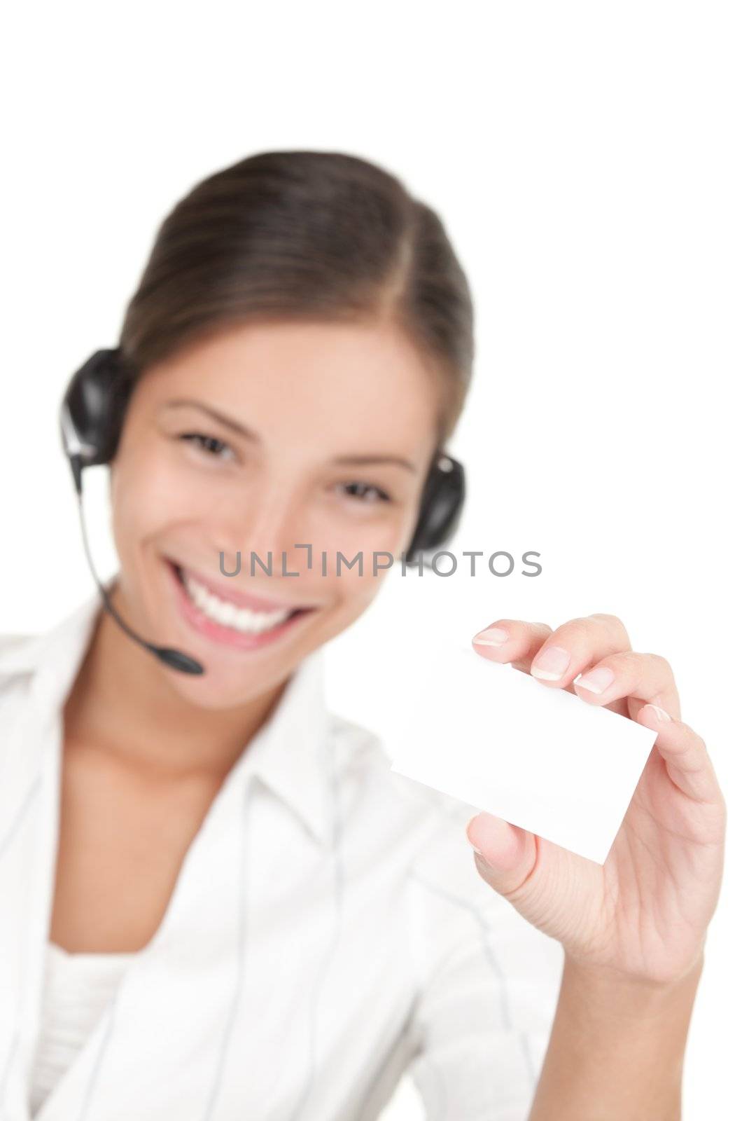 Headset woman holding business card by Maridav