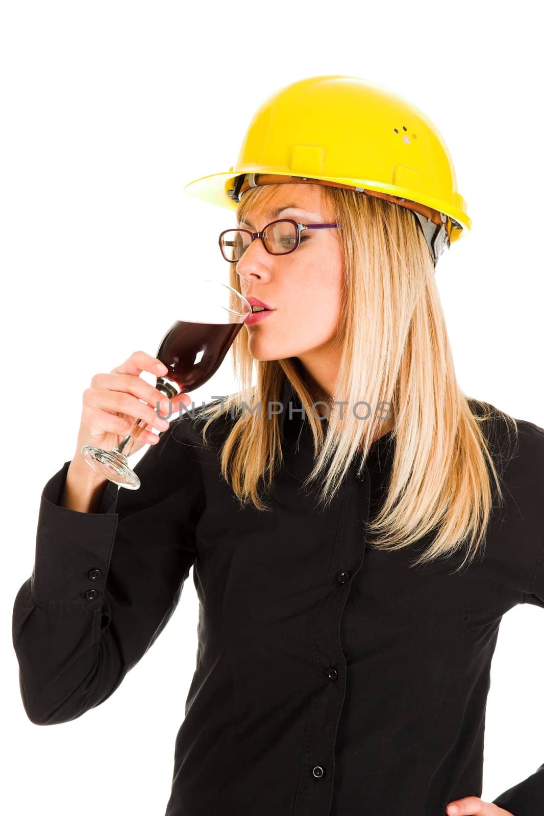 businesswoman with a glass of wine on white background