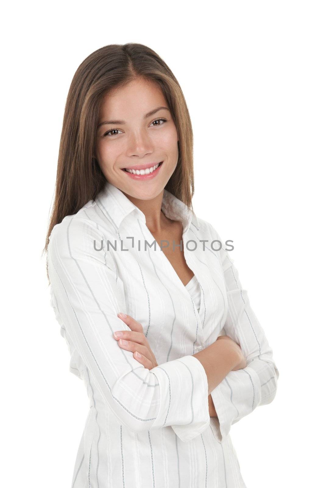 Confident young smiling businesswoman. Beautiful mixed race chinese / caucasian model isolated on seamlees white background.