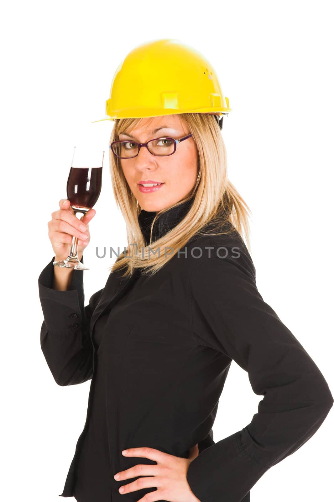 businesswoman with a glass of wine on white background