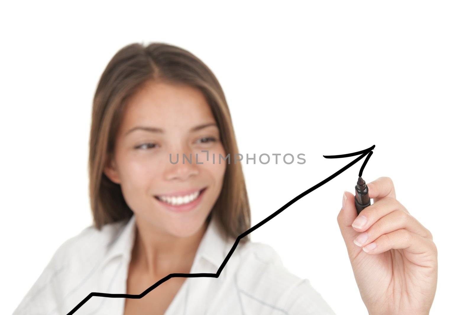 Business success and growth concept. Graph / chart drawing by young beautiful businesswoman with pen writing on whiteboard. Focus on the black marker. Mixed race chinese / caucasian model isolated on white background. 