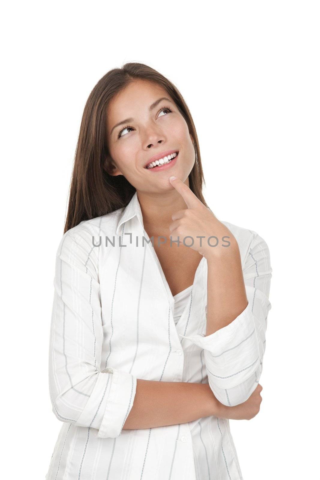 Thinking young and beautiful casual businesswoman / university student. Mixed race chinese / caucasian model isolated on seamless white background. 