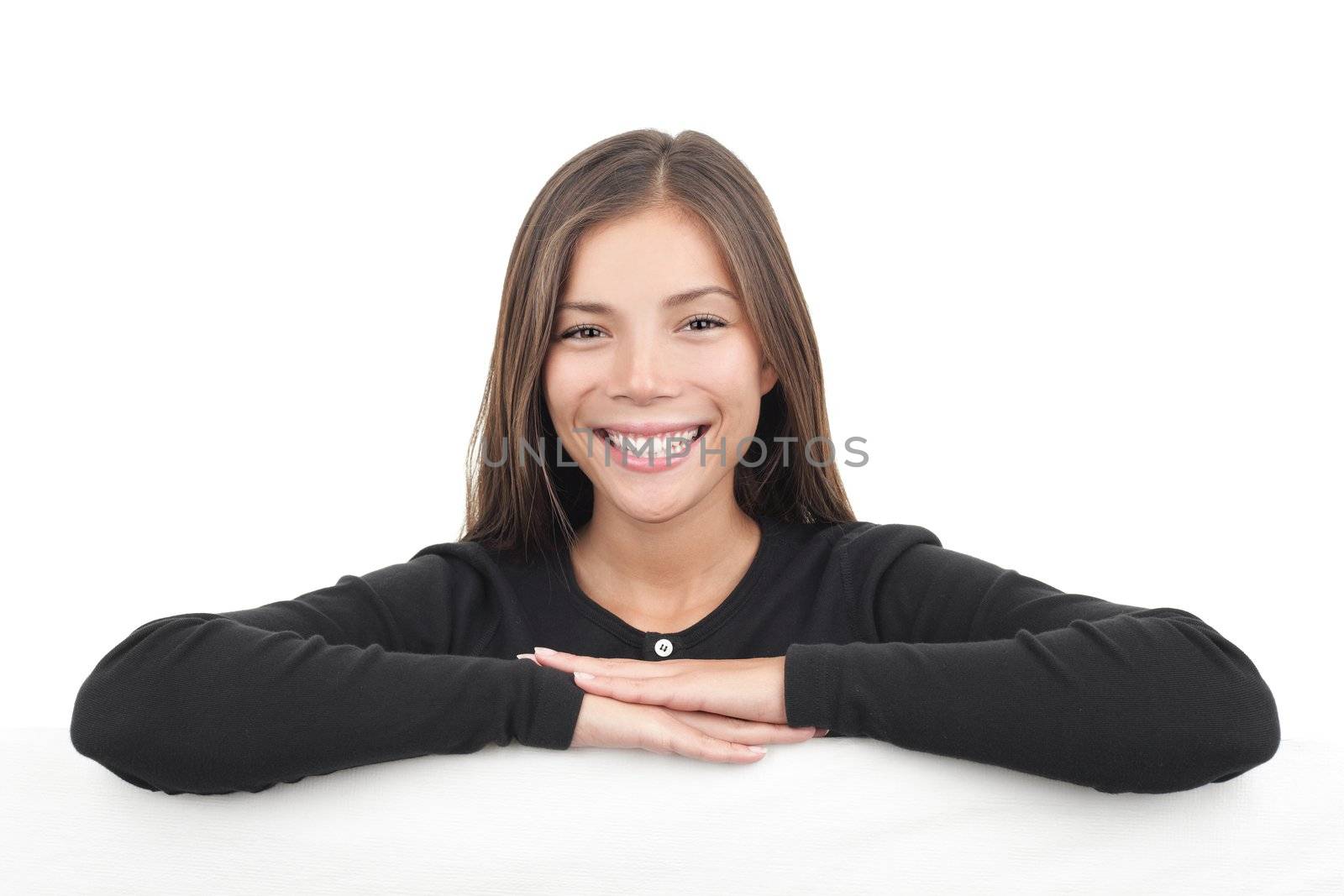 Young woman leaning over billboard banner by Maridav