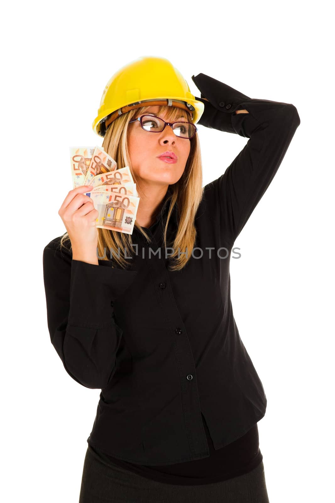 A businesswoman with earnings on white background