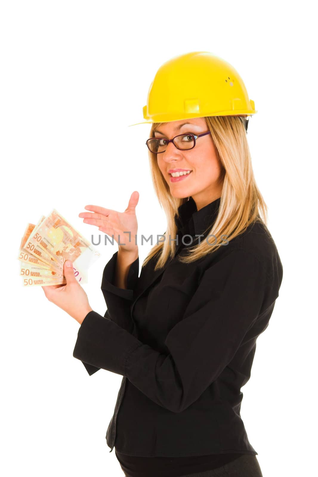 A businesswoman with earnings on white background