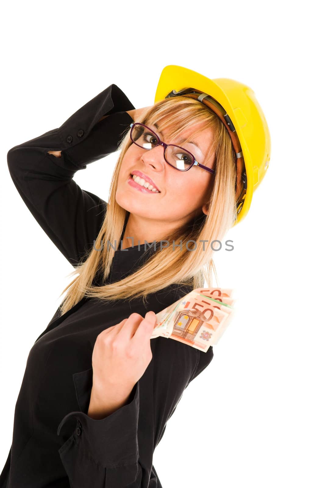 A businesswoman with earnings on white background