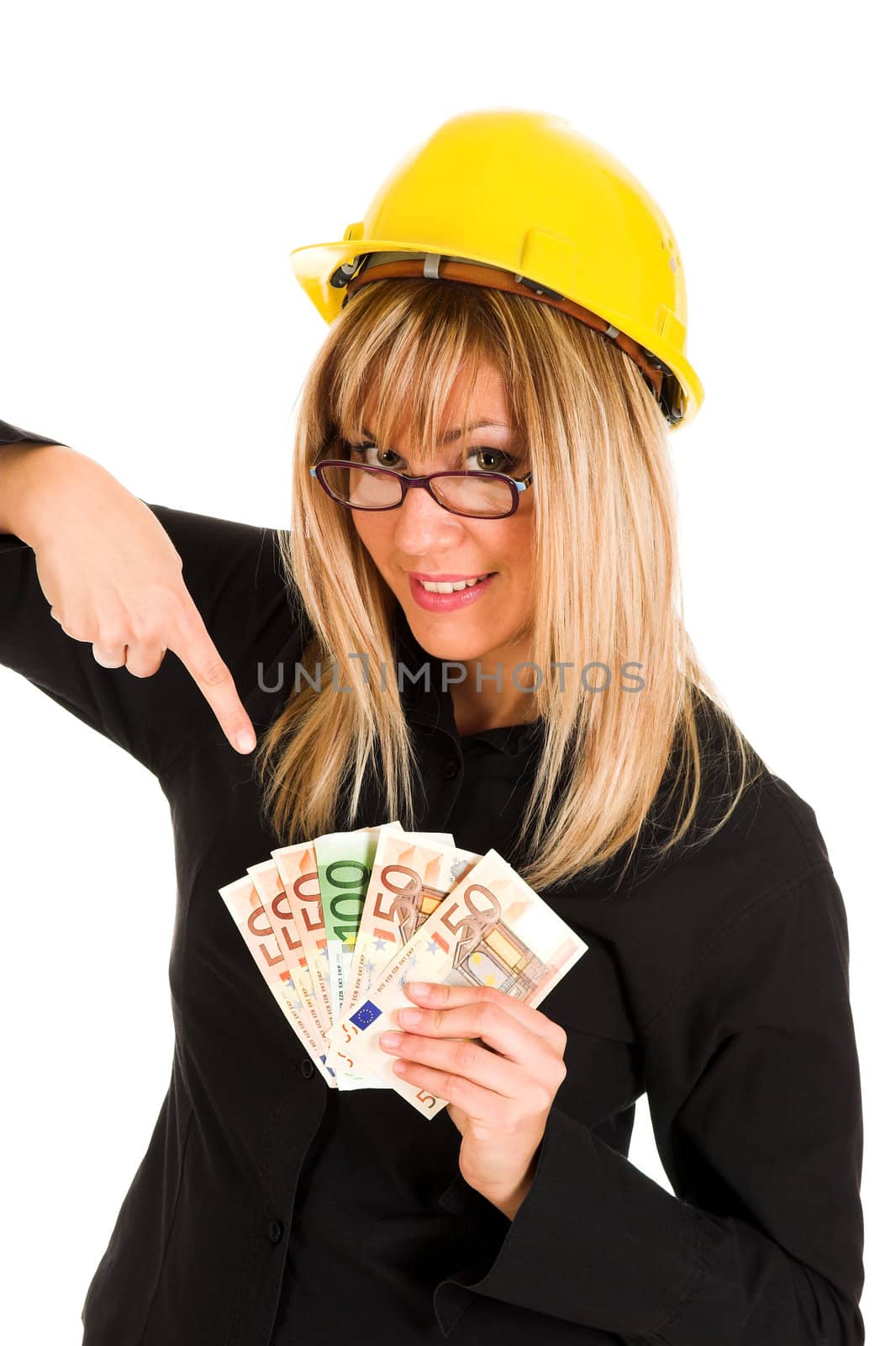 A businesswoman with earnings on white background