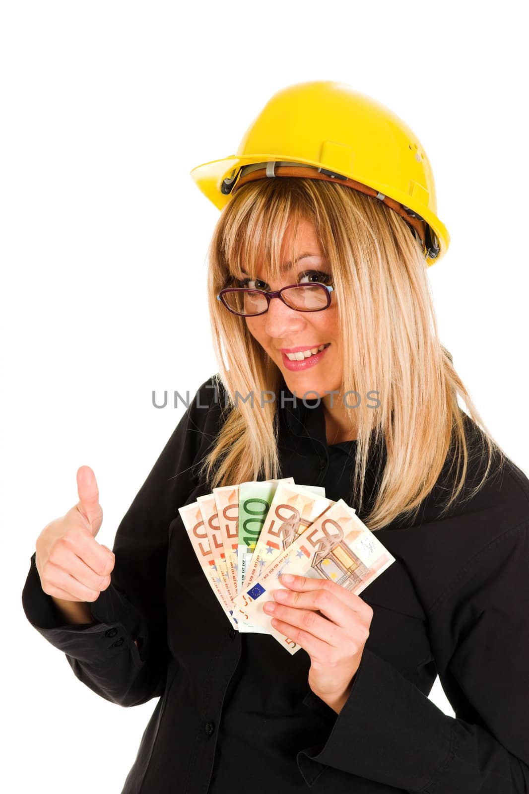 A businesswoman with earnings on white background