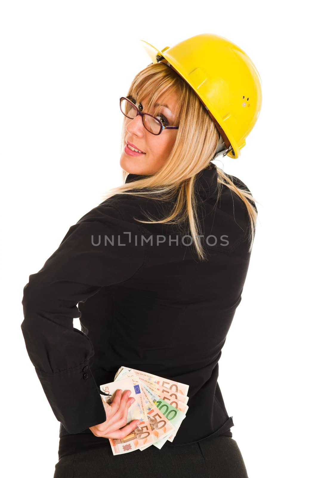 A businesswoman with earnings on white background