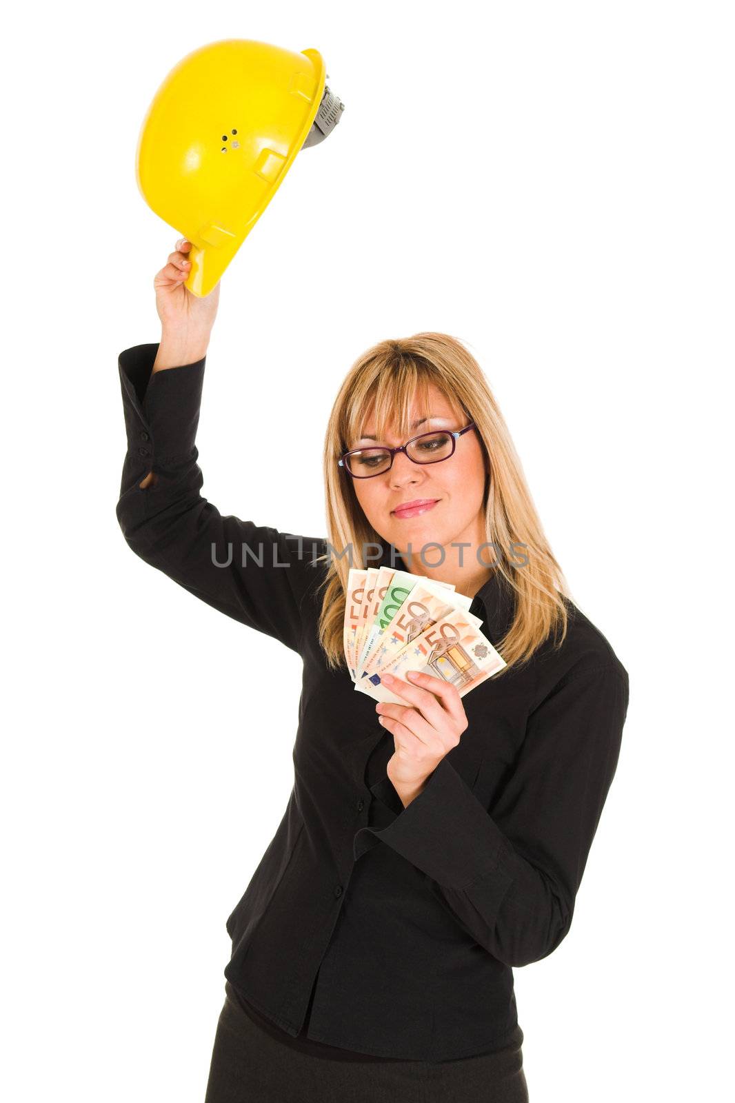 businesswoman with earnings and happy hands raised with helmet