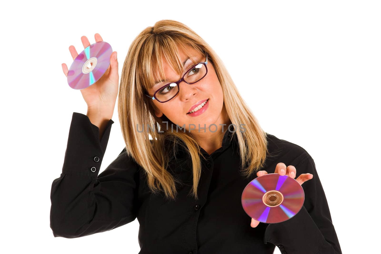 beautiful young woman holding compact disc