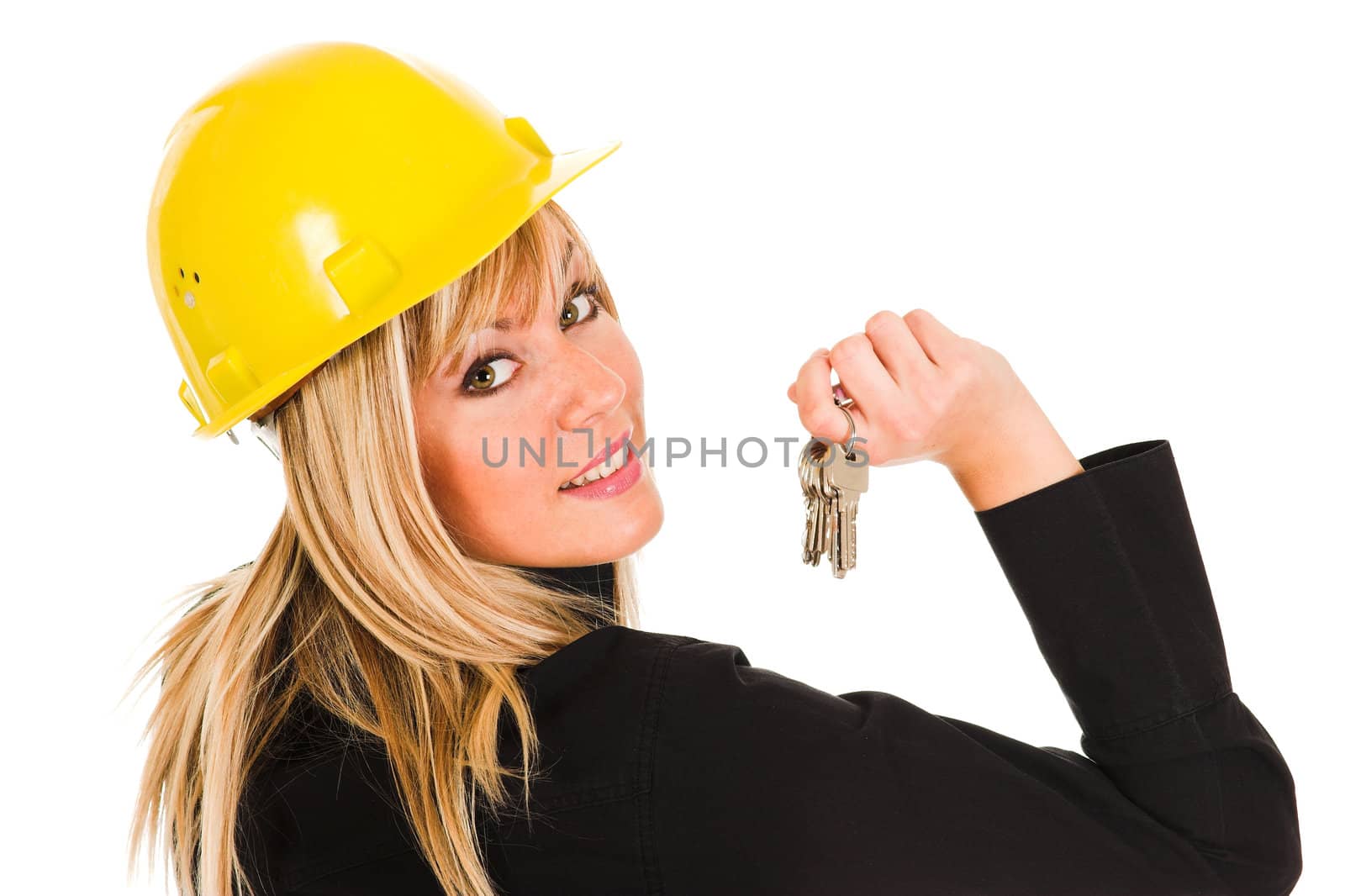 A businesswoman with keys on white background