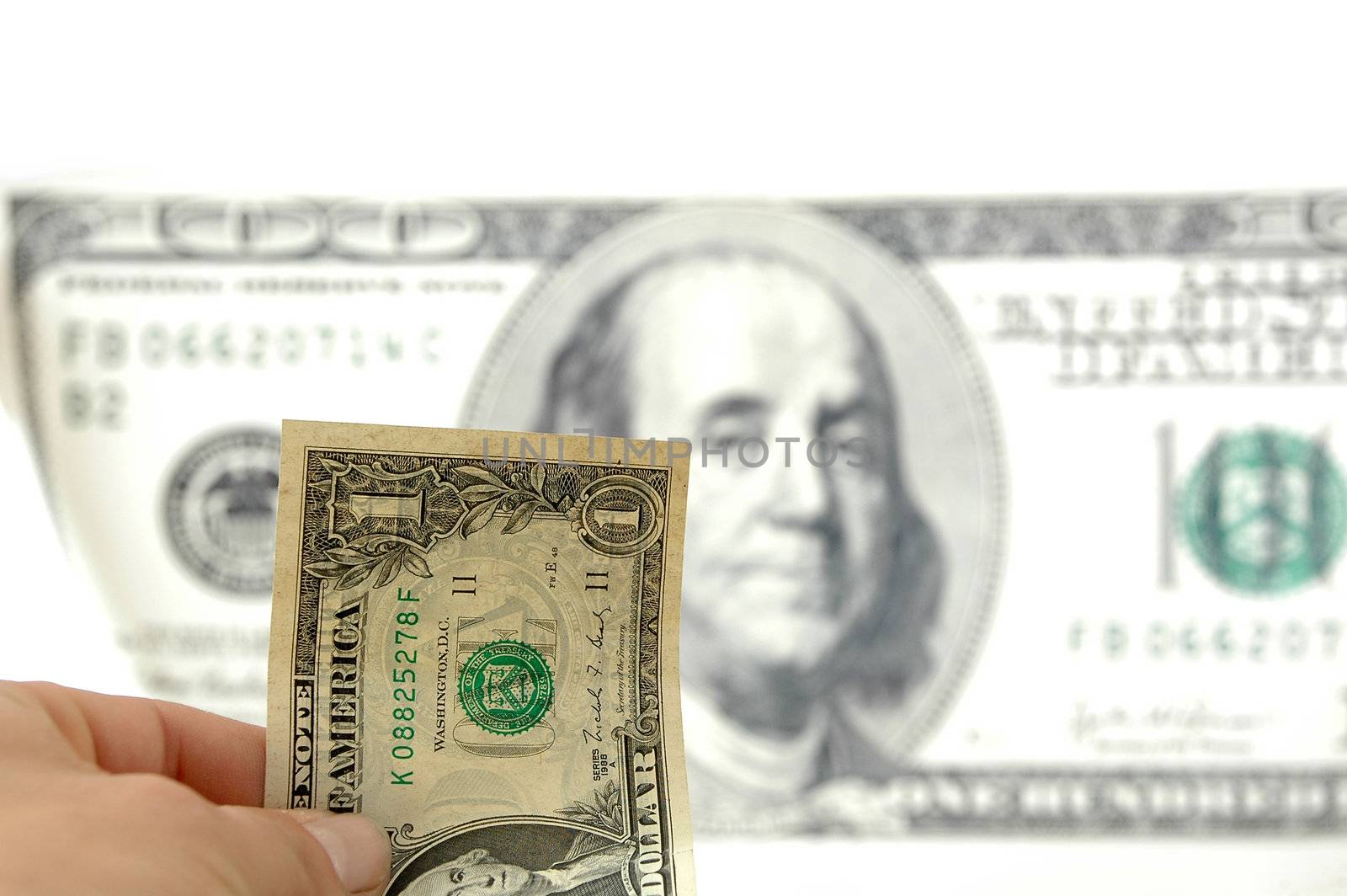One dollar in hand, 100 dollar bill in background