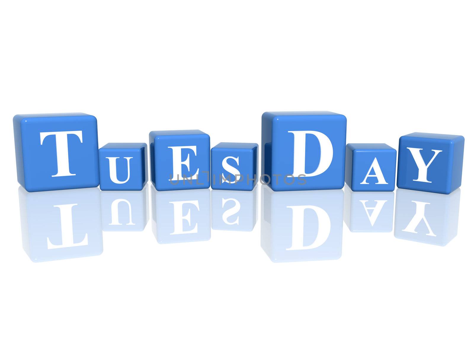 3d blue cubes with letters makes tuesday