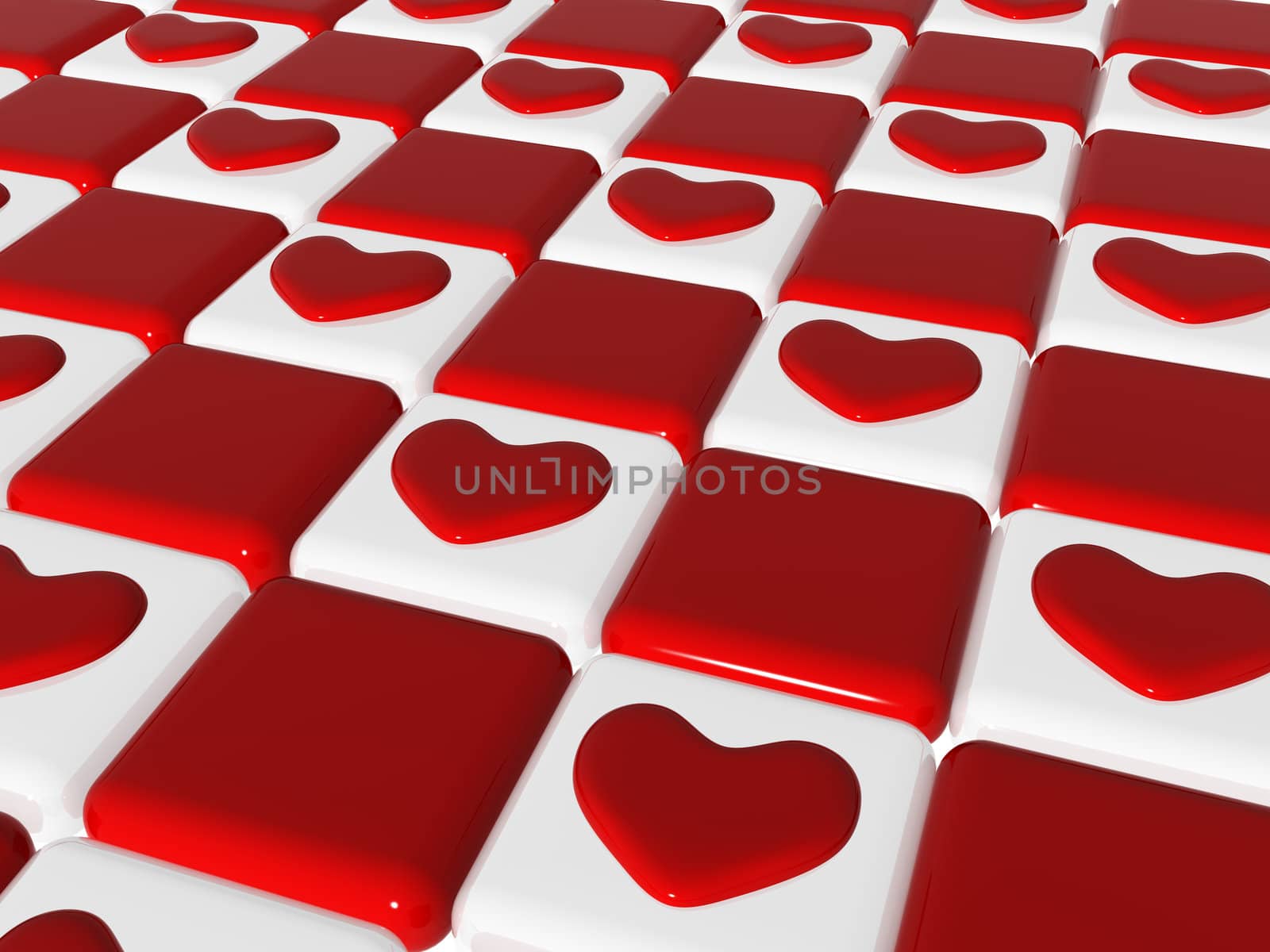 many 3d red hearts over red and white chess-board, background