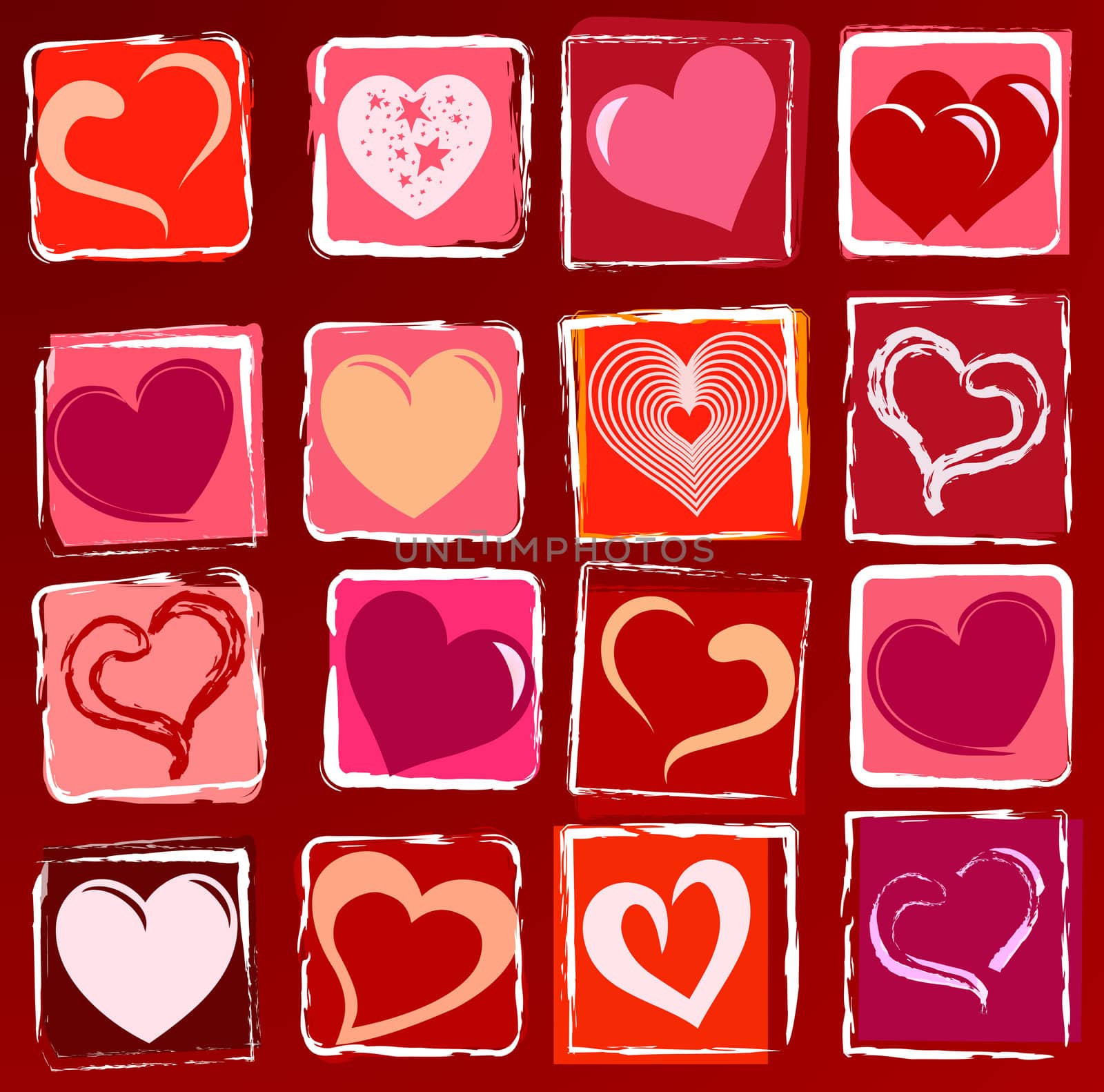 many drawn hearts in white, red, pink, purple, violet, orange, beige over wine-red background