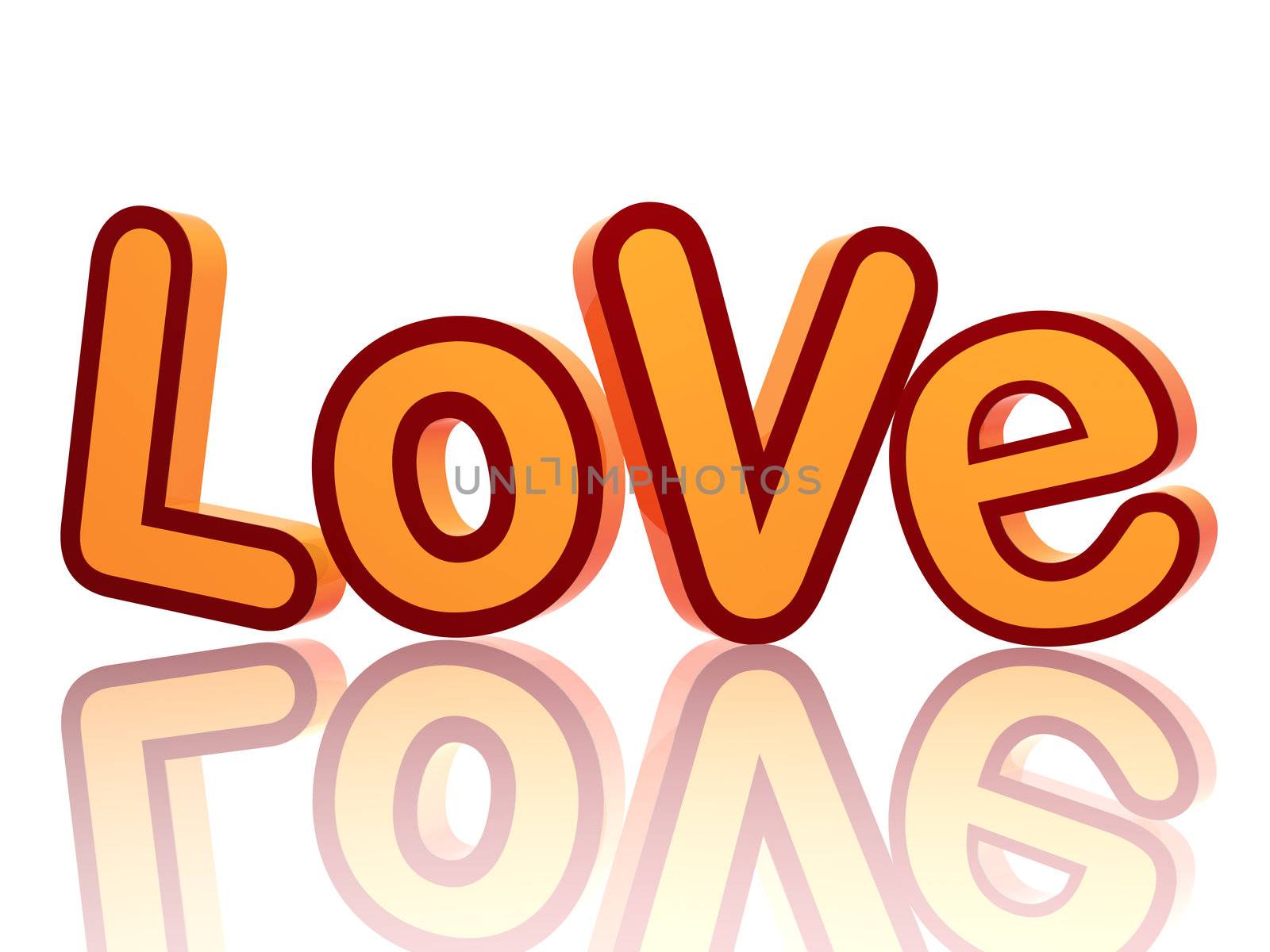 3d colour letters in red and orange, text - Love, isolated with reflection