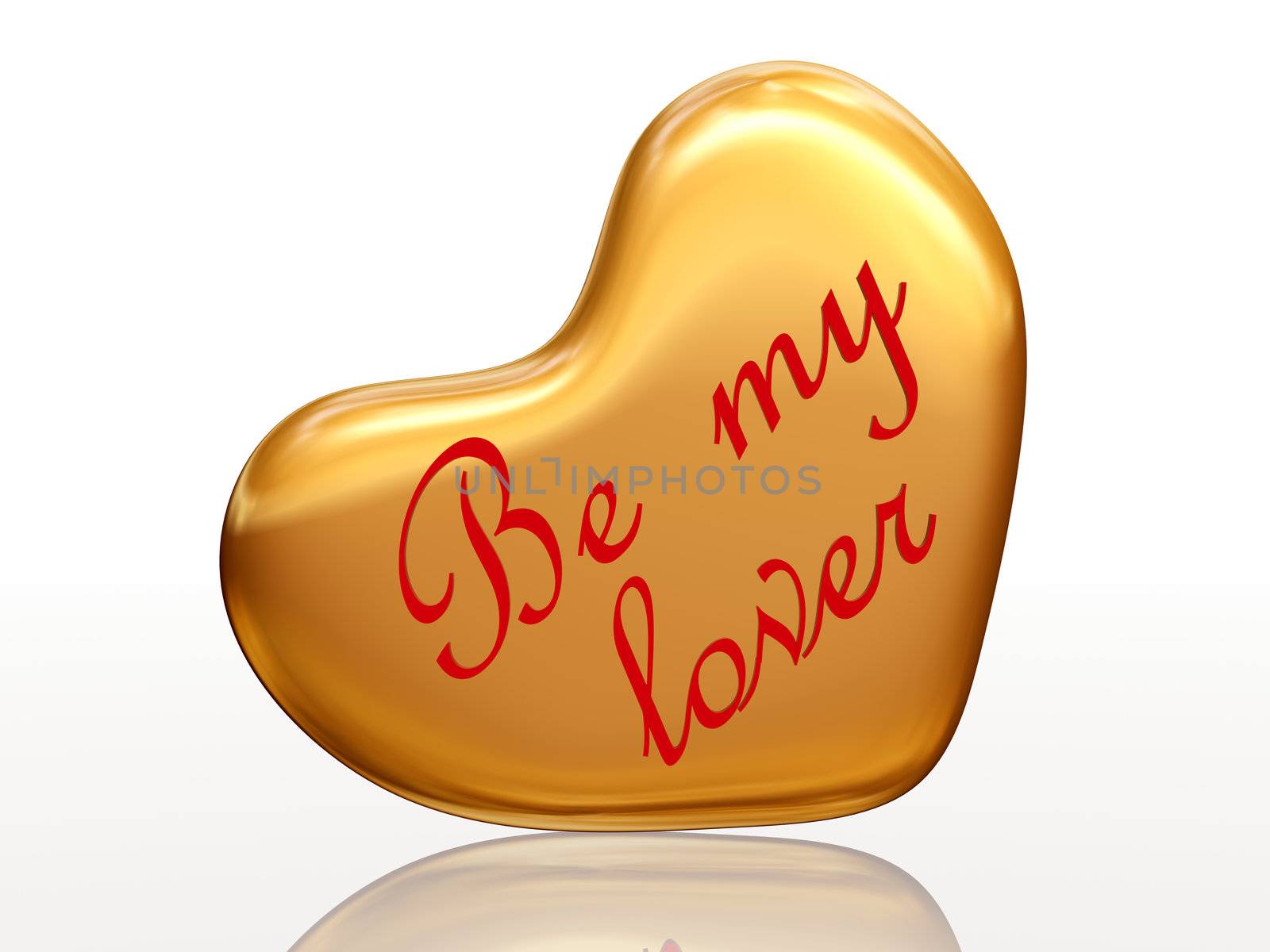 3d golden heart, red letters, text - Be my lover, isolated