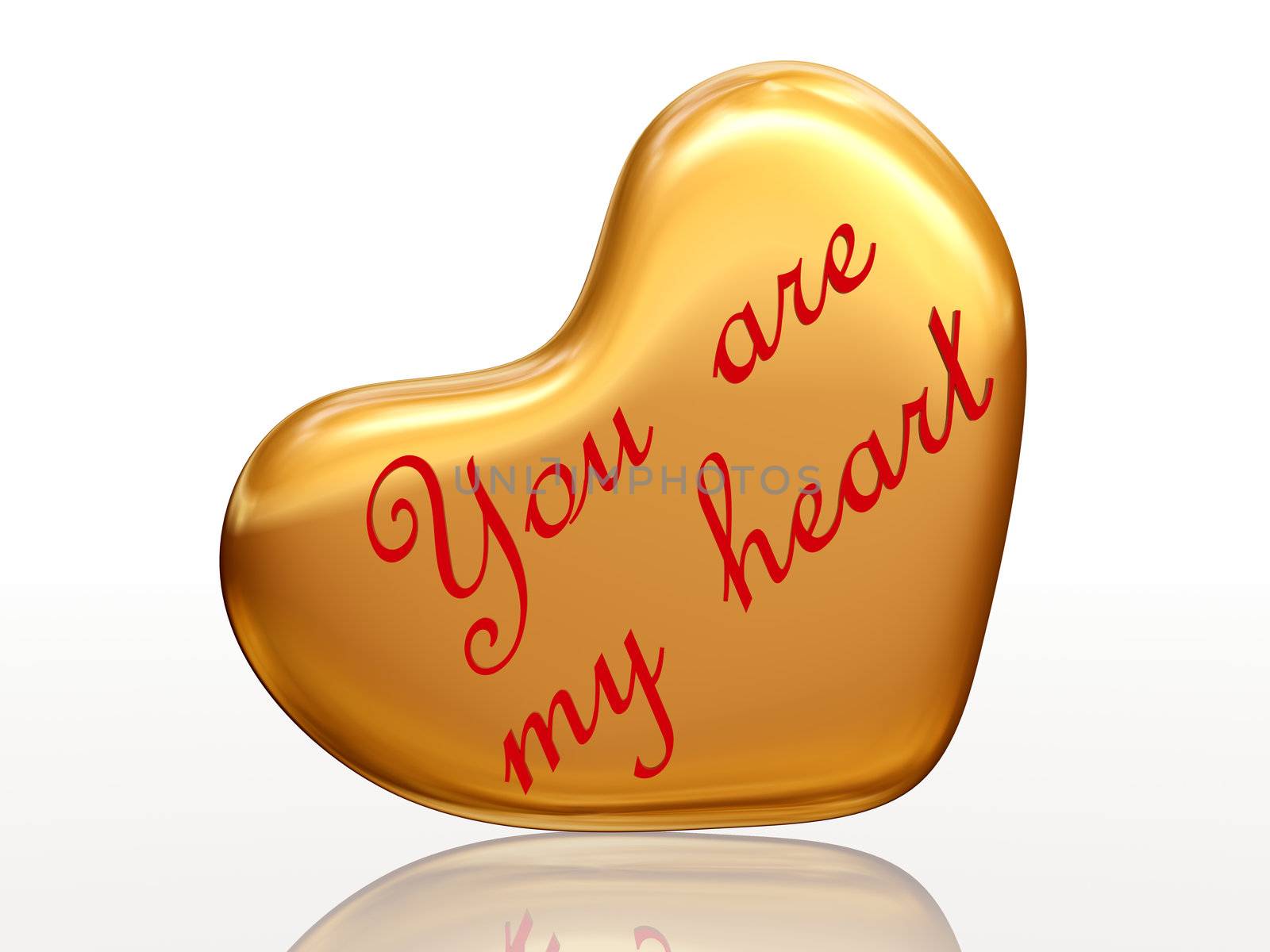 3d golden heart, red letters, text - You are my heart, isolated