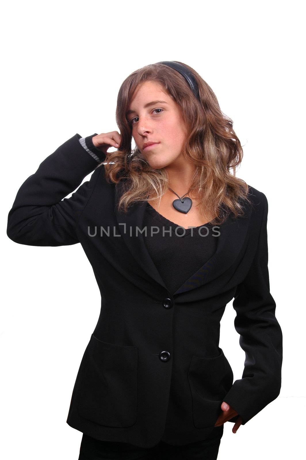Happy young businesswoman posing isolated on white background