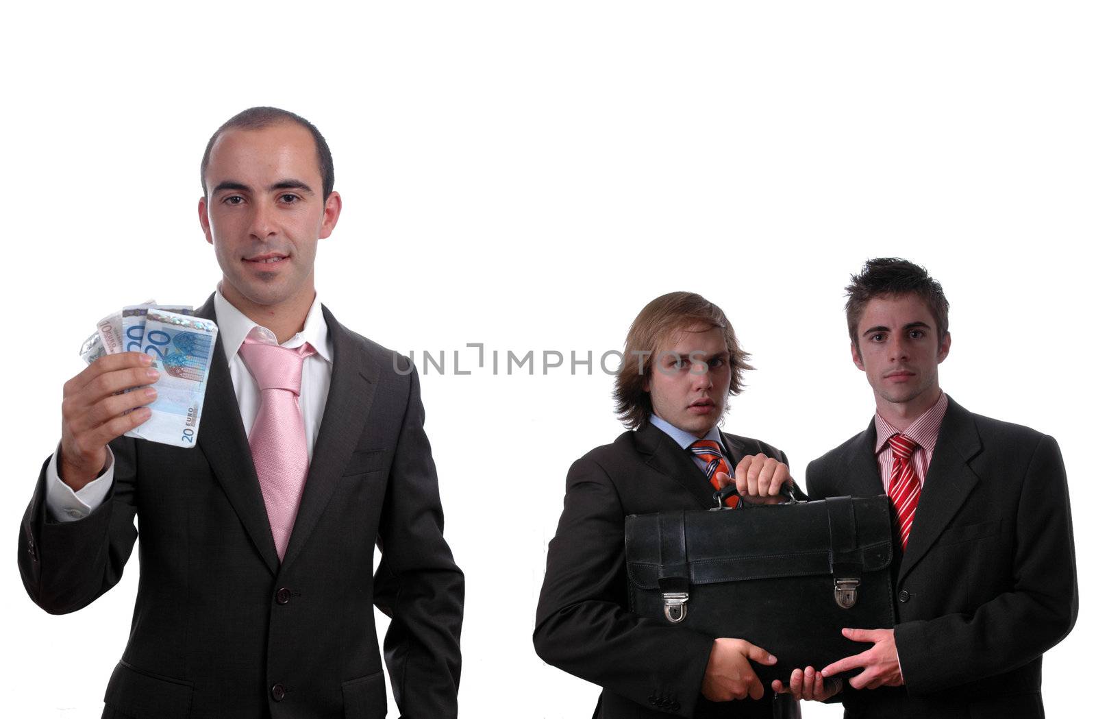 three businessman holding money and folder