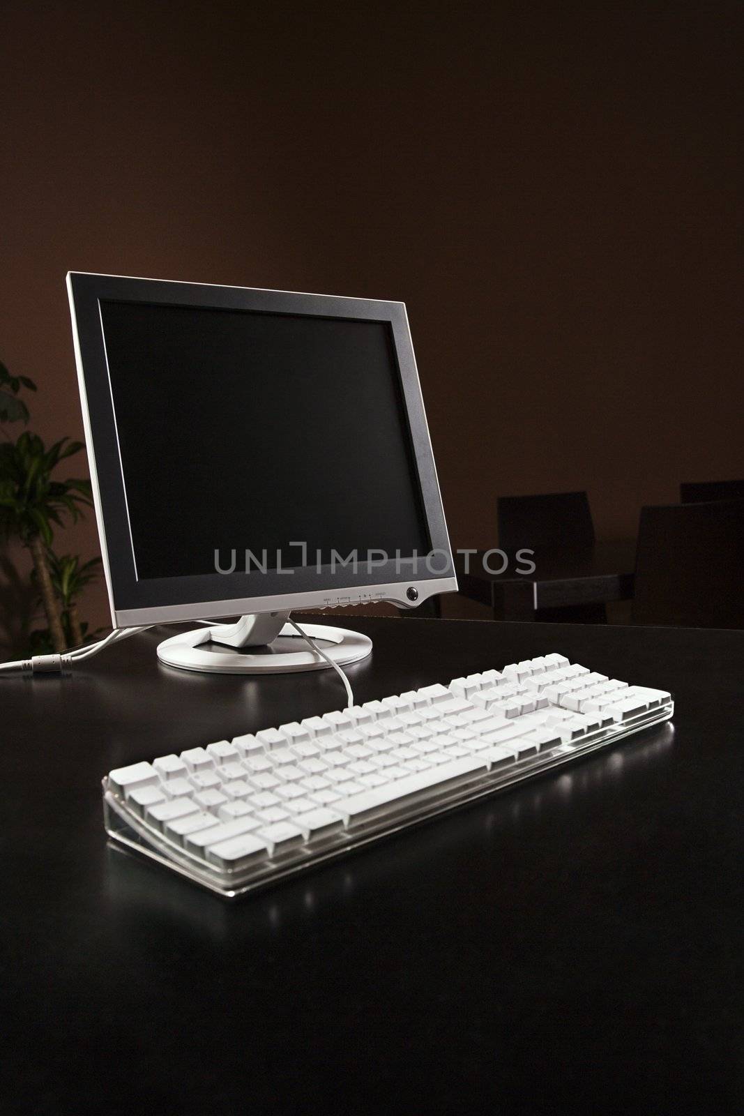 Computer monitor and keyboard on desktop.