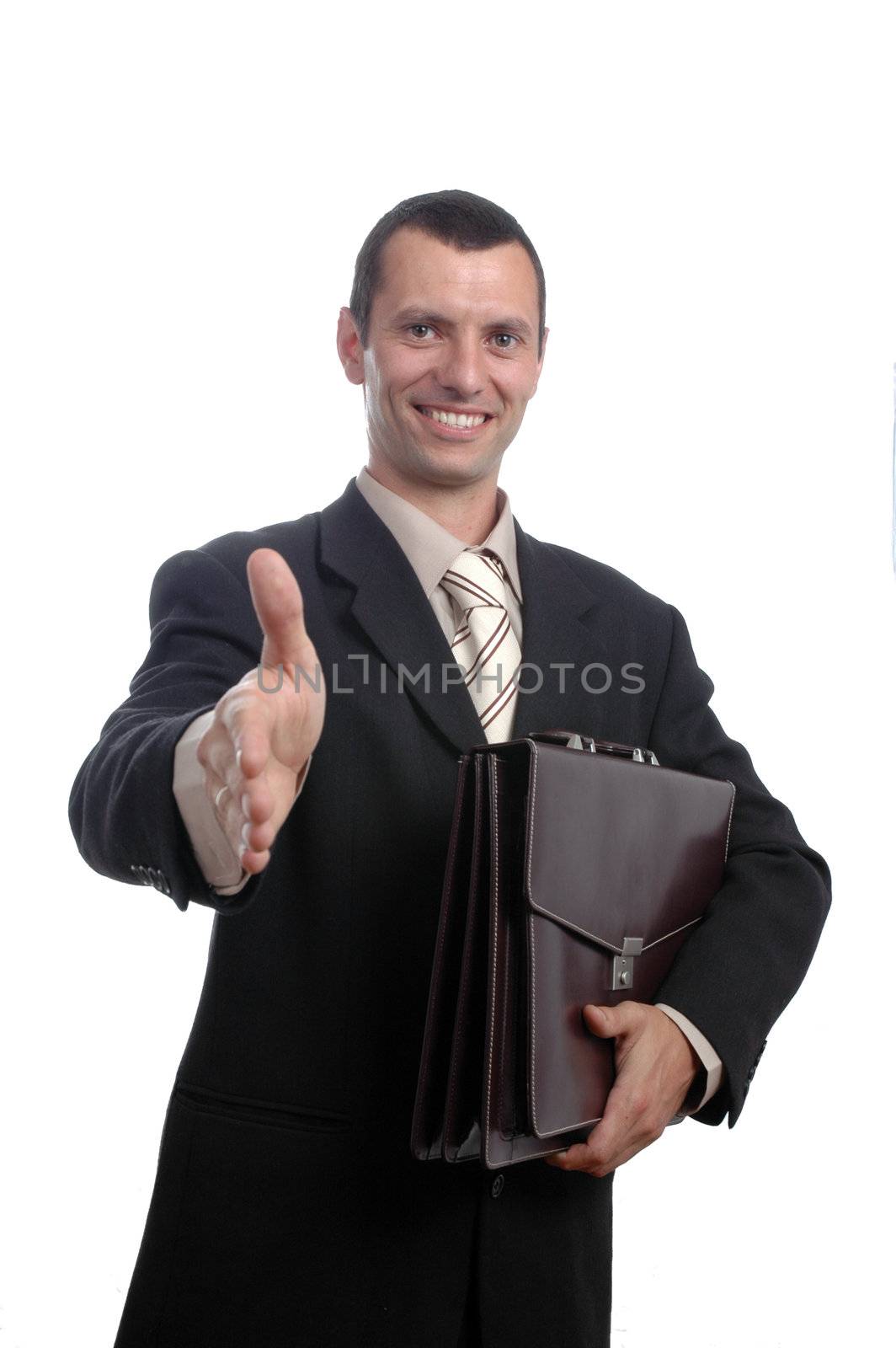 businessman ready to shake hands over white background and holding one folder