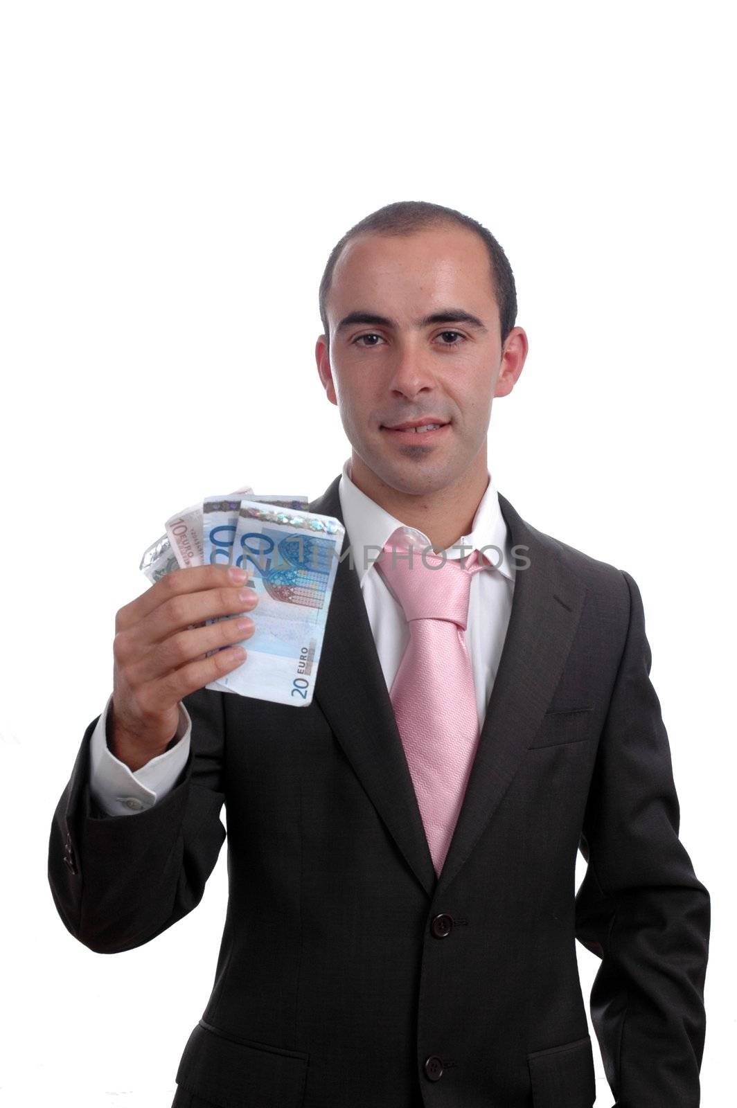 Young successful business man holding a eur bills isolated on white