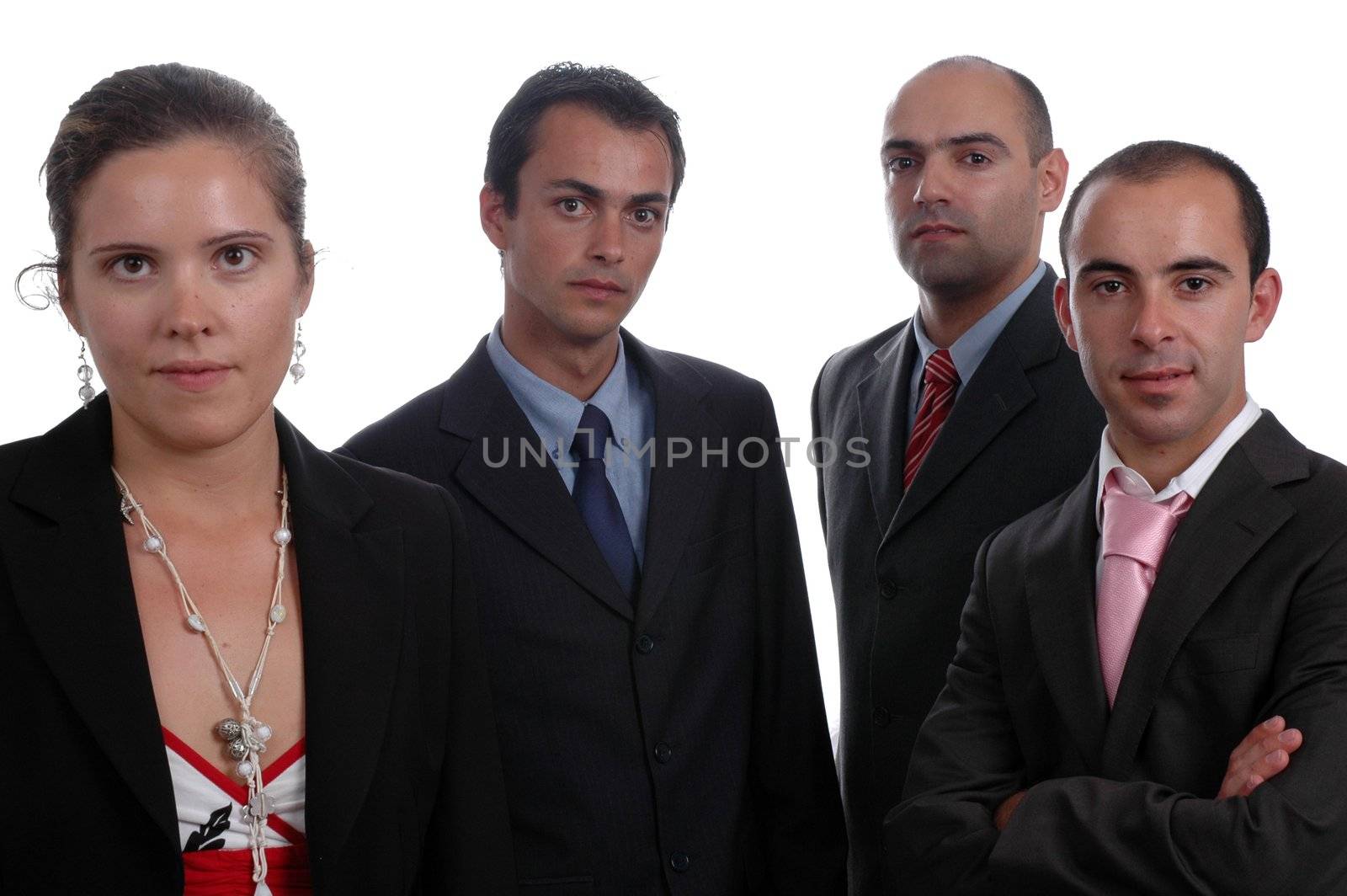 Group of young business people isolated on white. To provide maximum quality I made this image by combination of two photos.