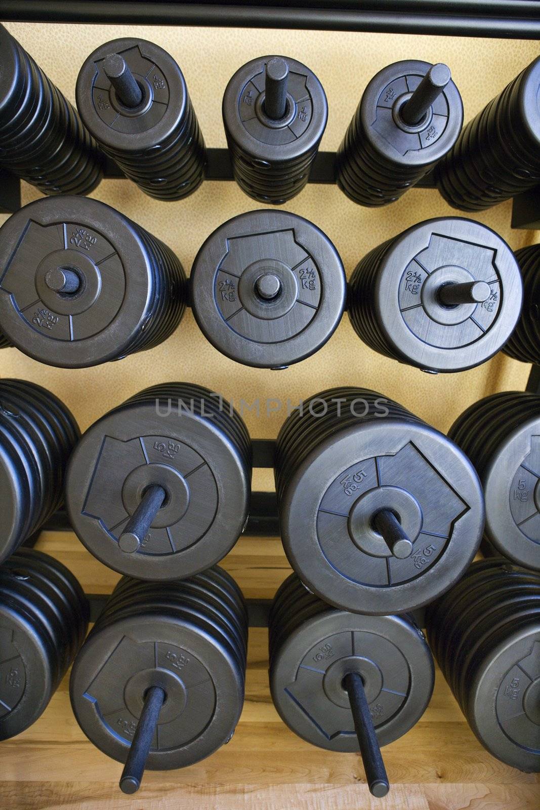 Stacks of barbell weights at gym.