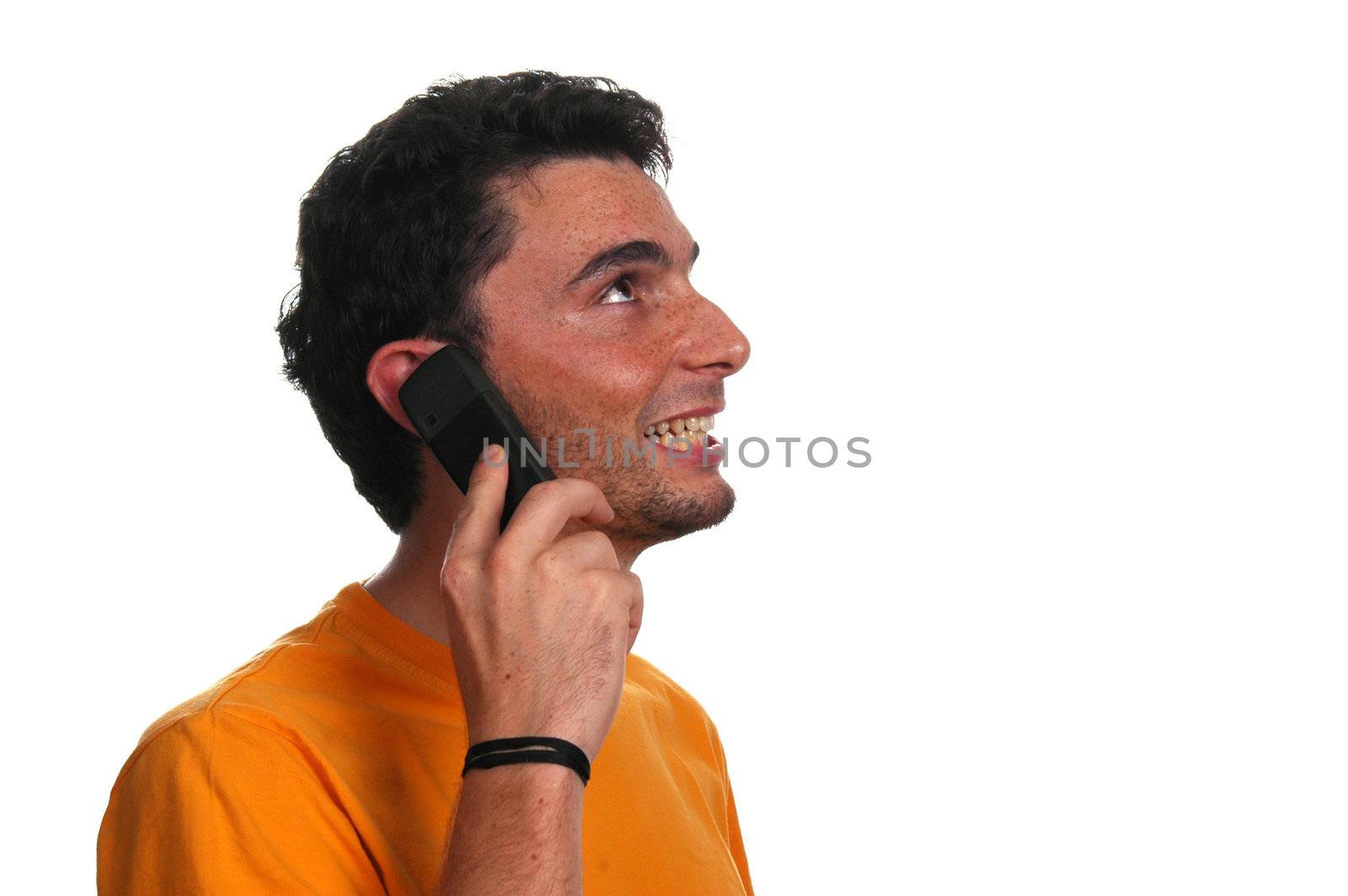 friendly guy on the phone over a white background