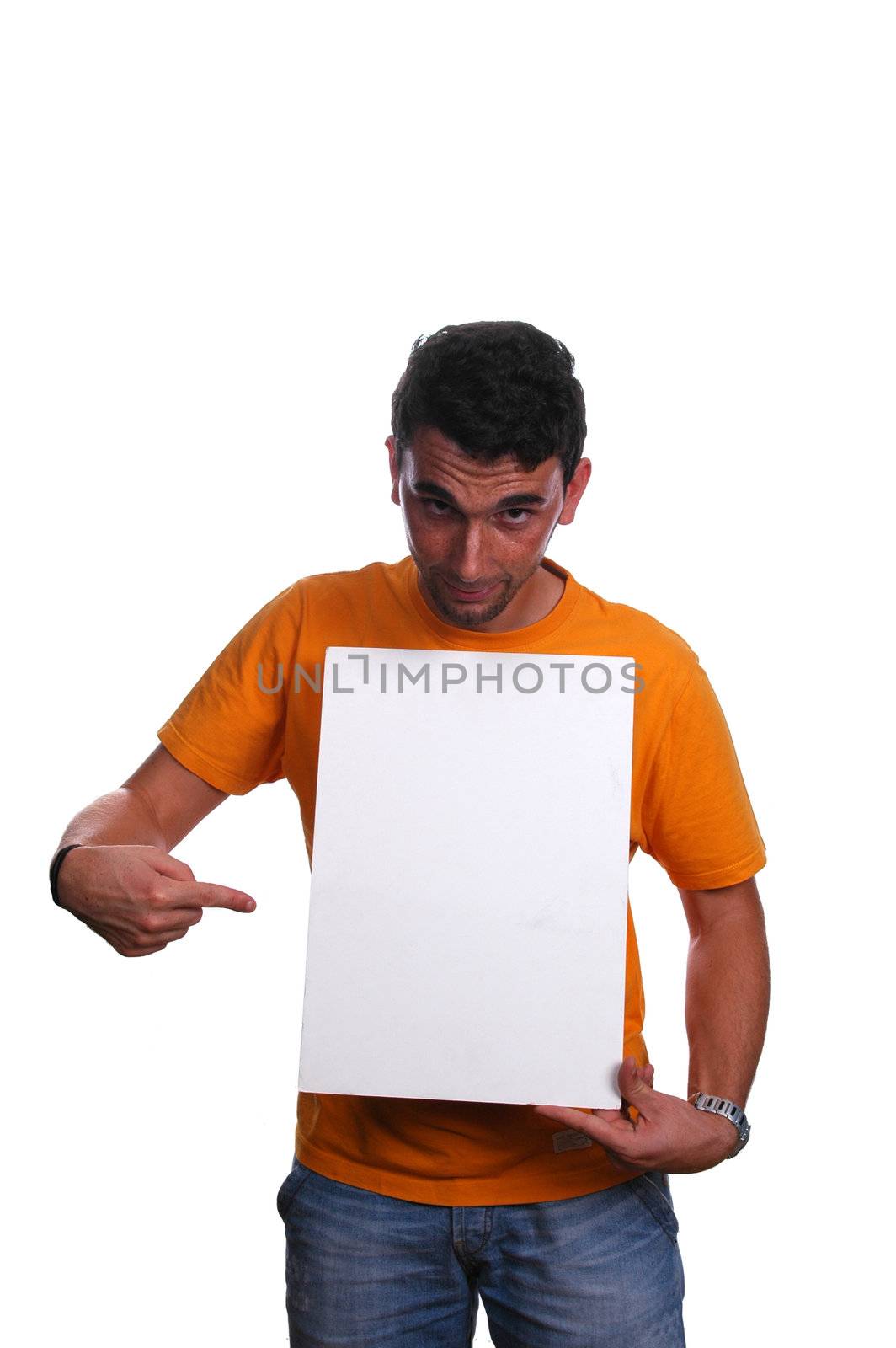 casual guy doing a presentation on a white board over a white ba