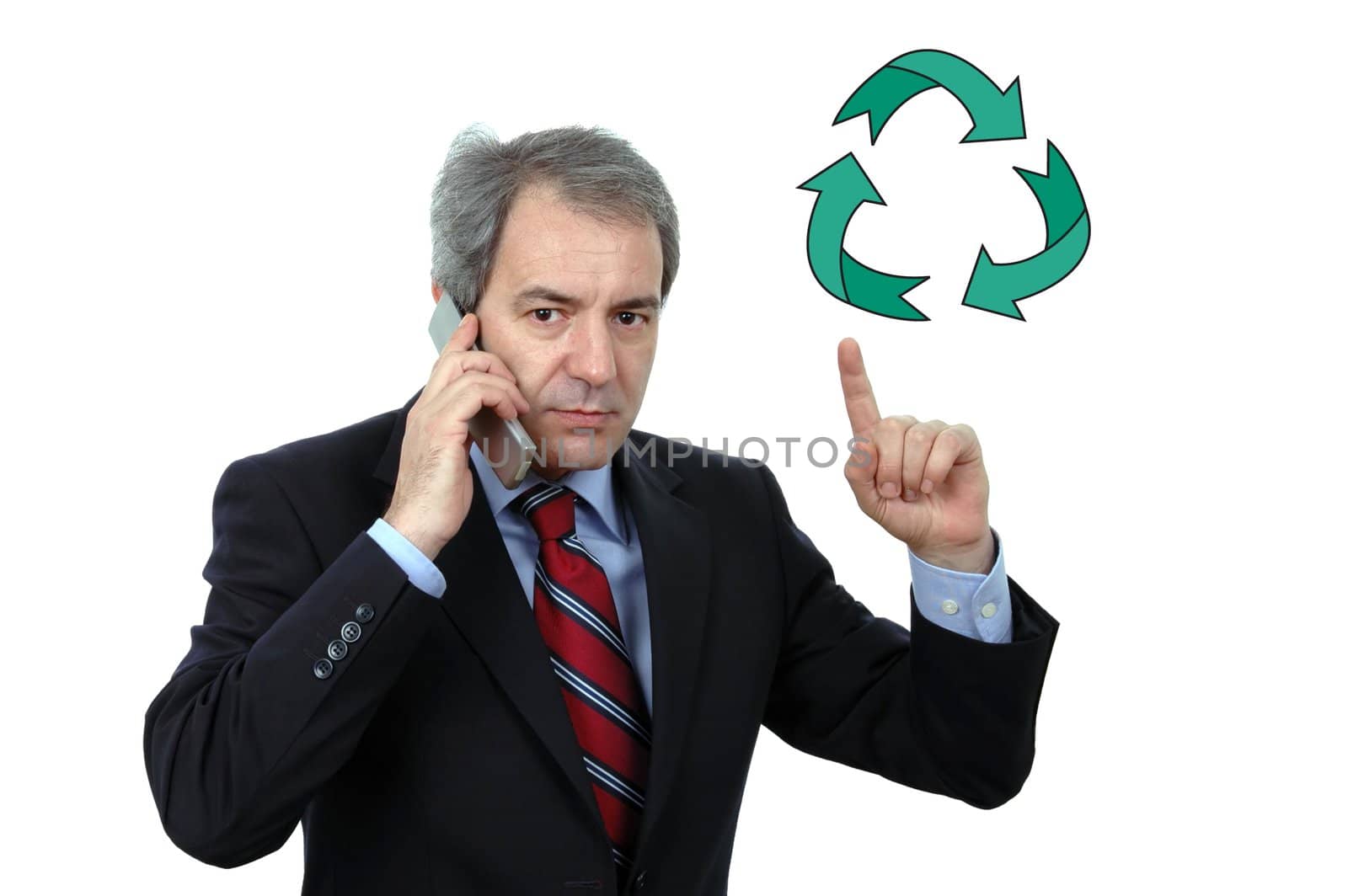 old businessman talking to cell phone and pointing to recycle sy by raalves