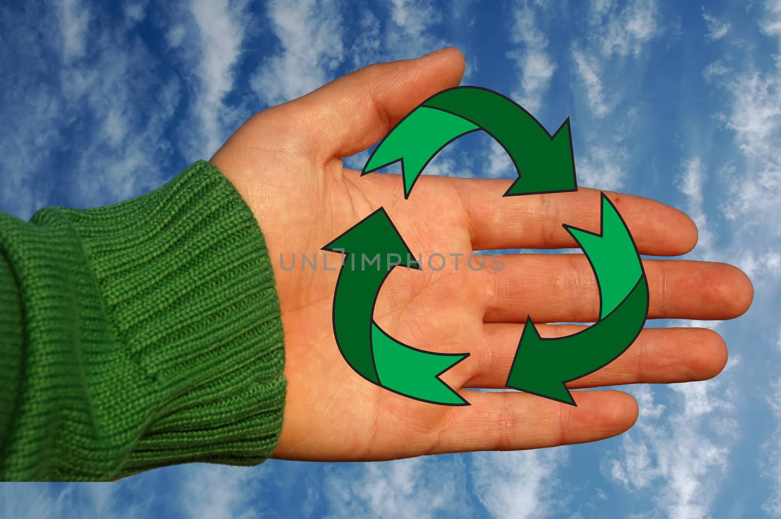 man hand show recycle symbol in blue sky by raalves