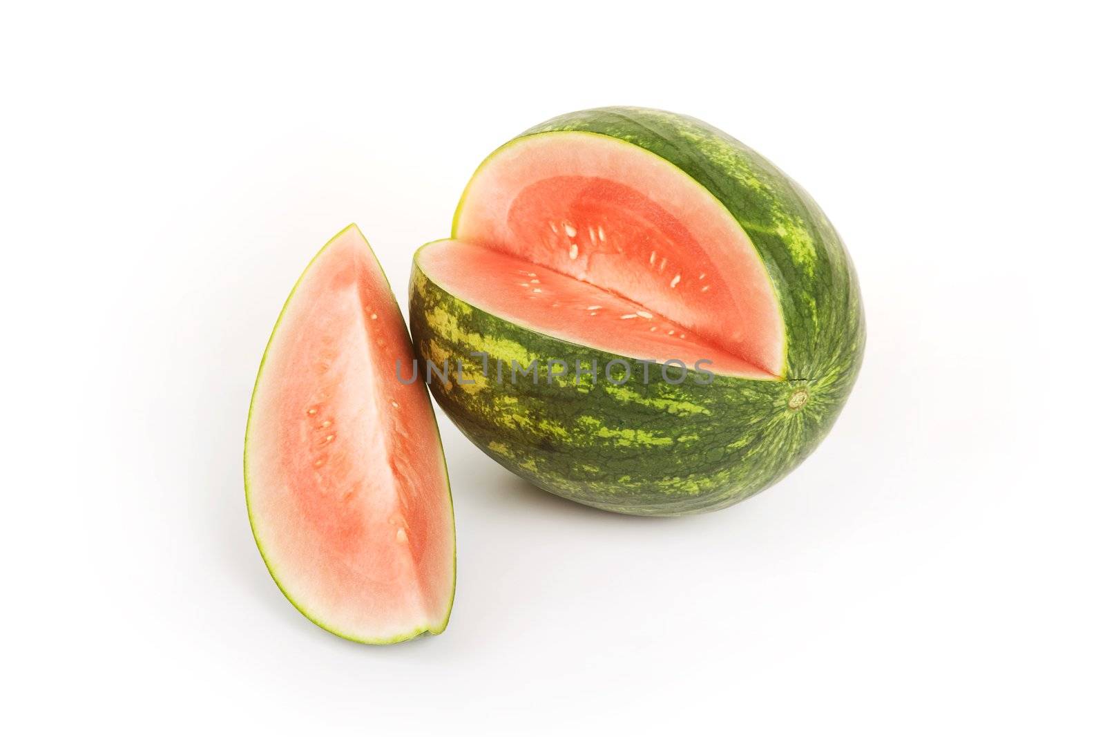 Bright red and green watermelon on a white background