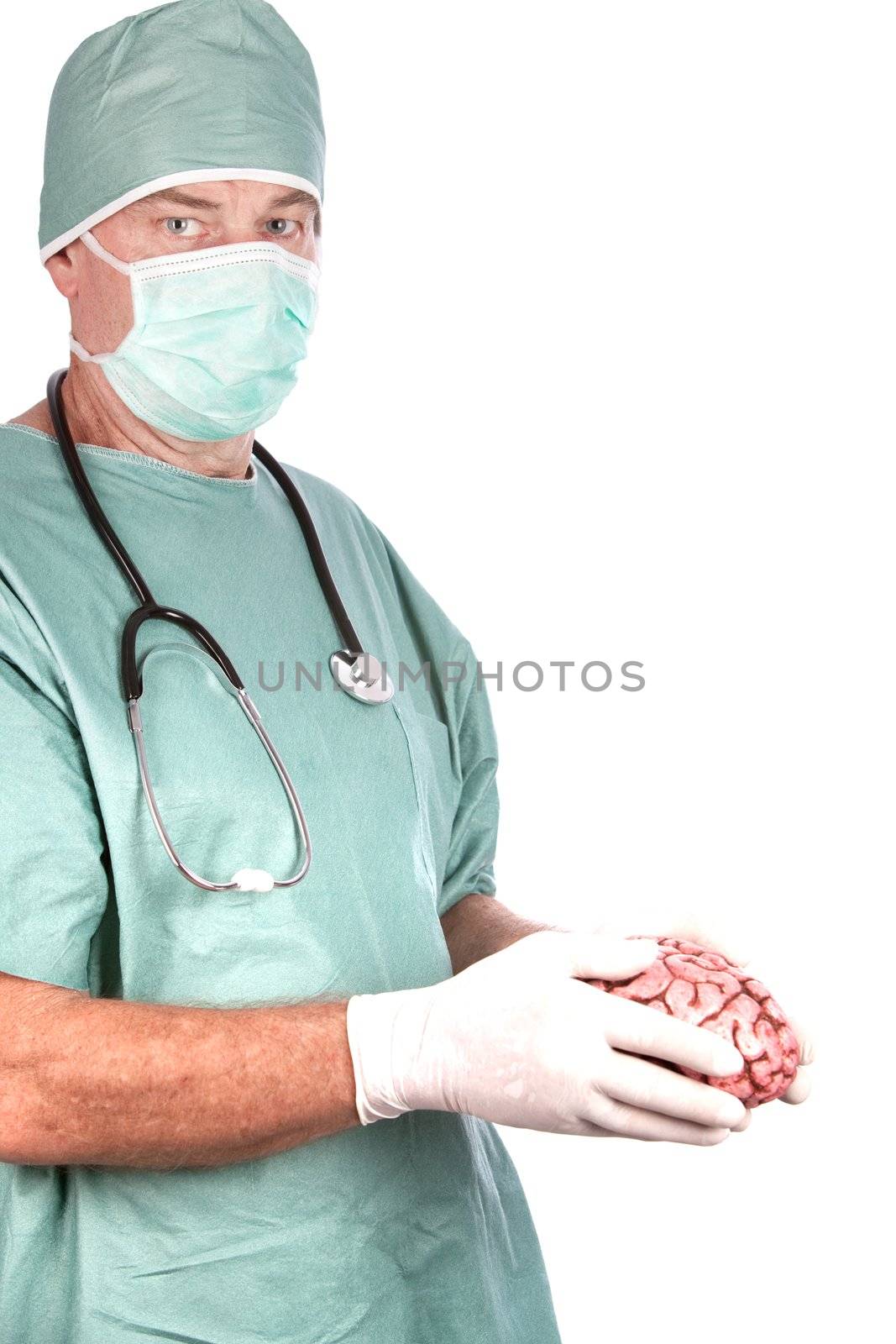 A 60 year old surgeon holding a brain, isolated on a white background.