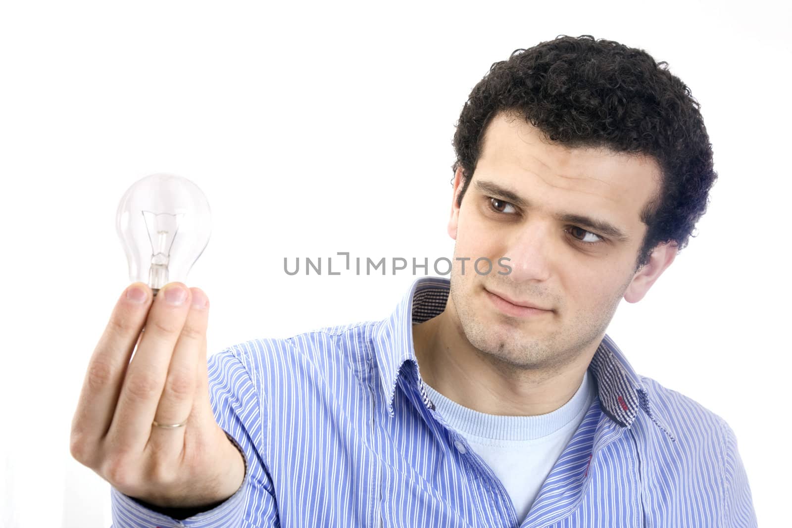 man with light bulb on hand