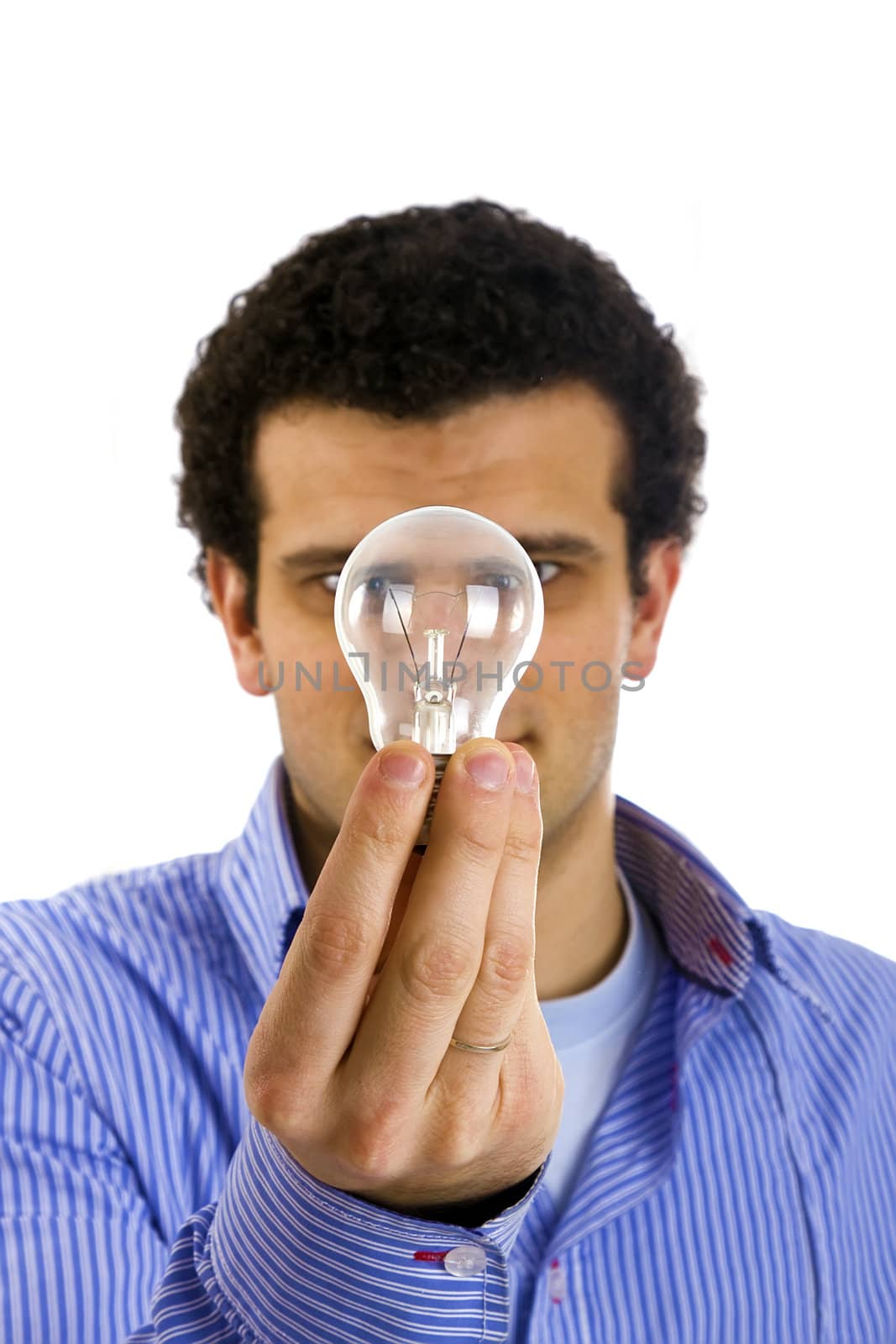 man with light bulb on hand by jfcalheiros