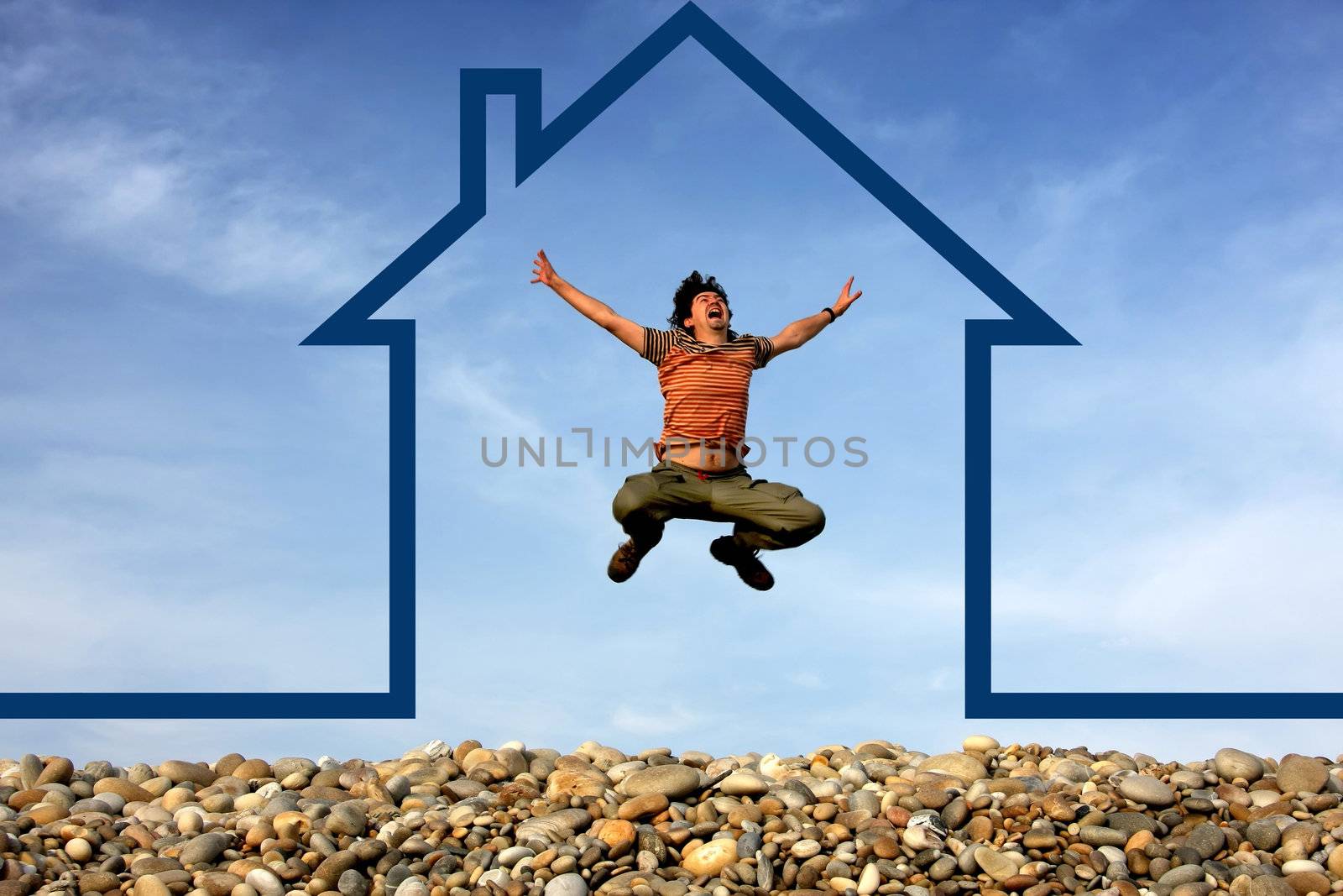 man jumping on sand stones