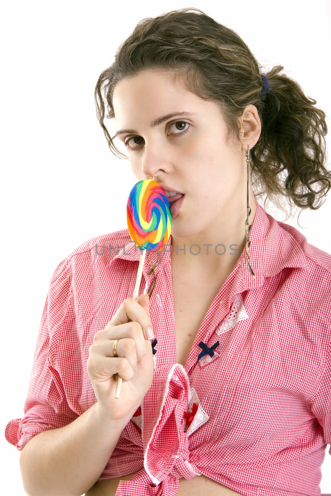 woman with candy on white background

