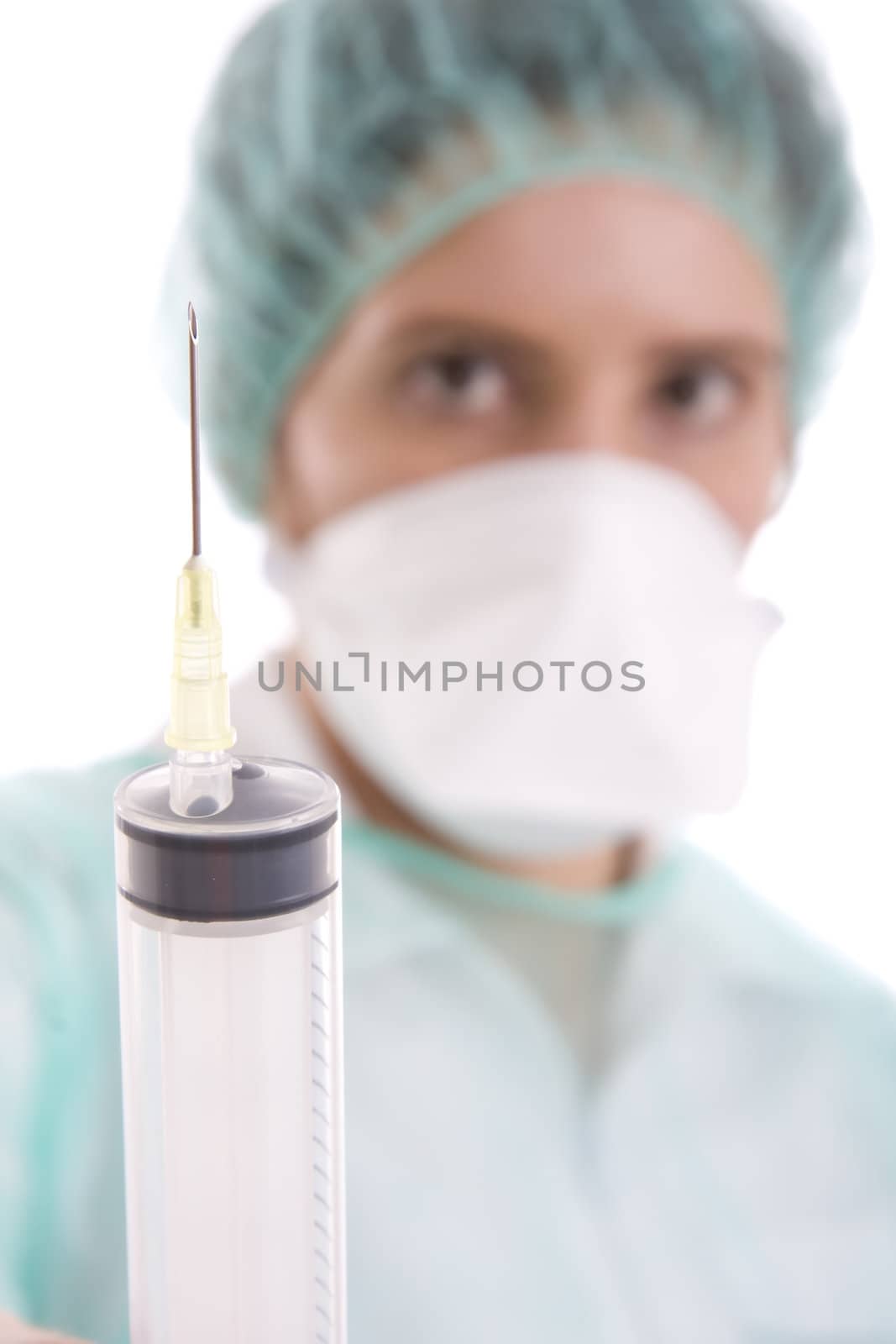 doctor holding syringe on white background
