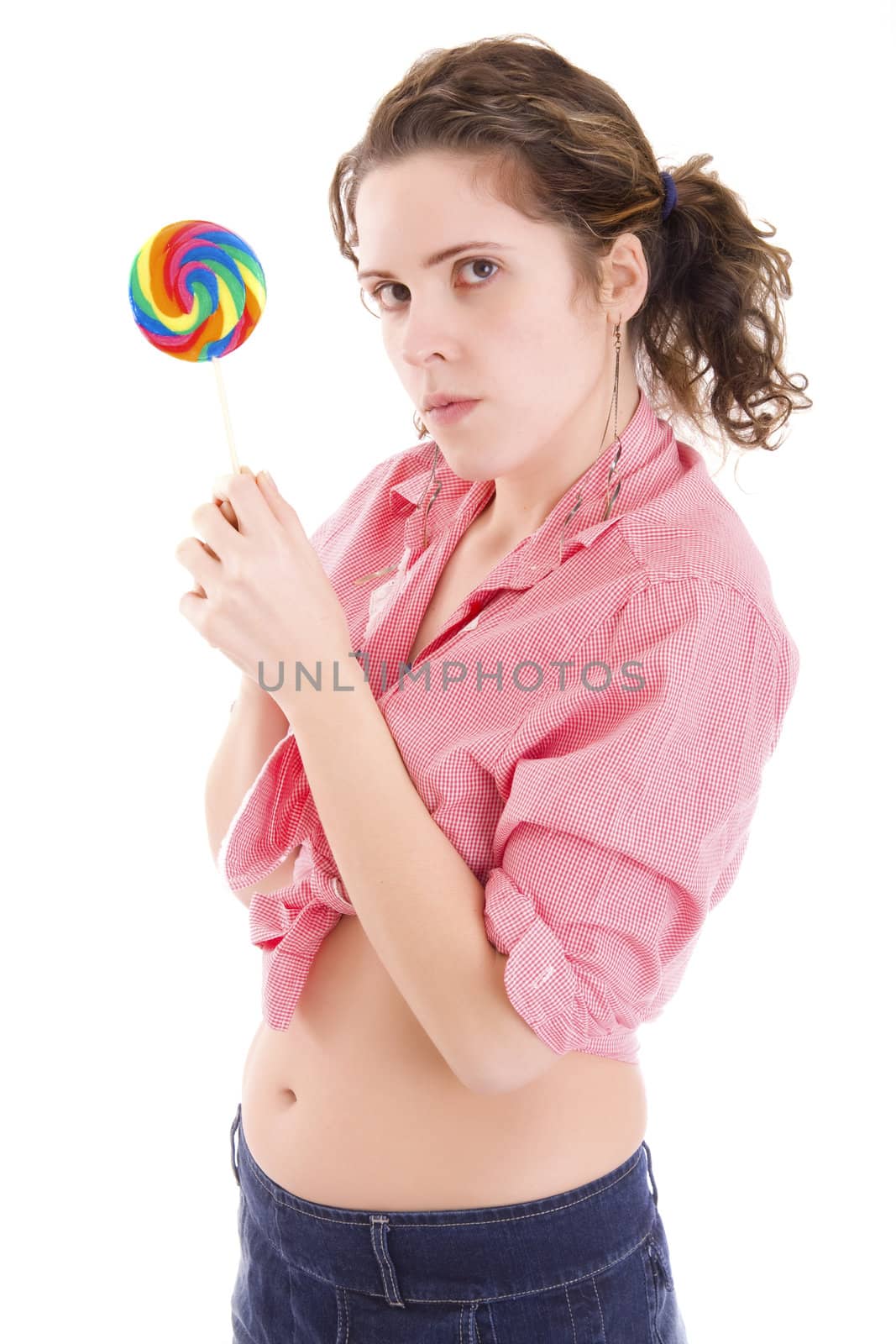 woman with candy on white background
