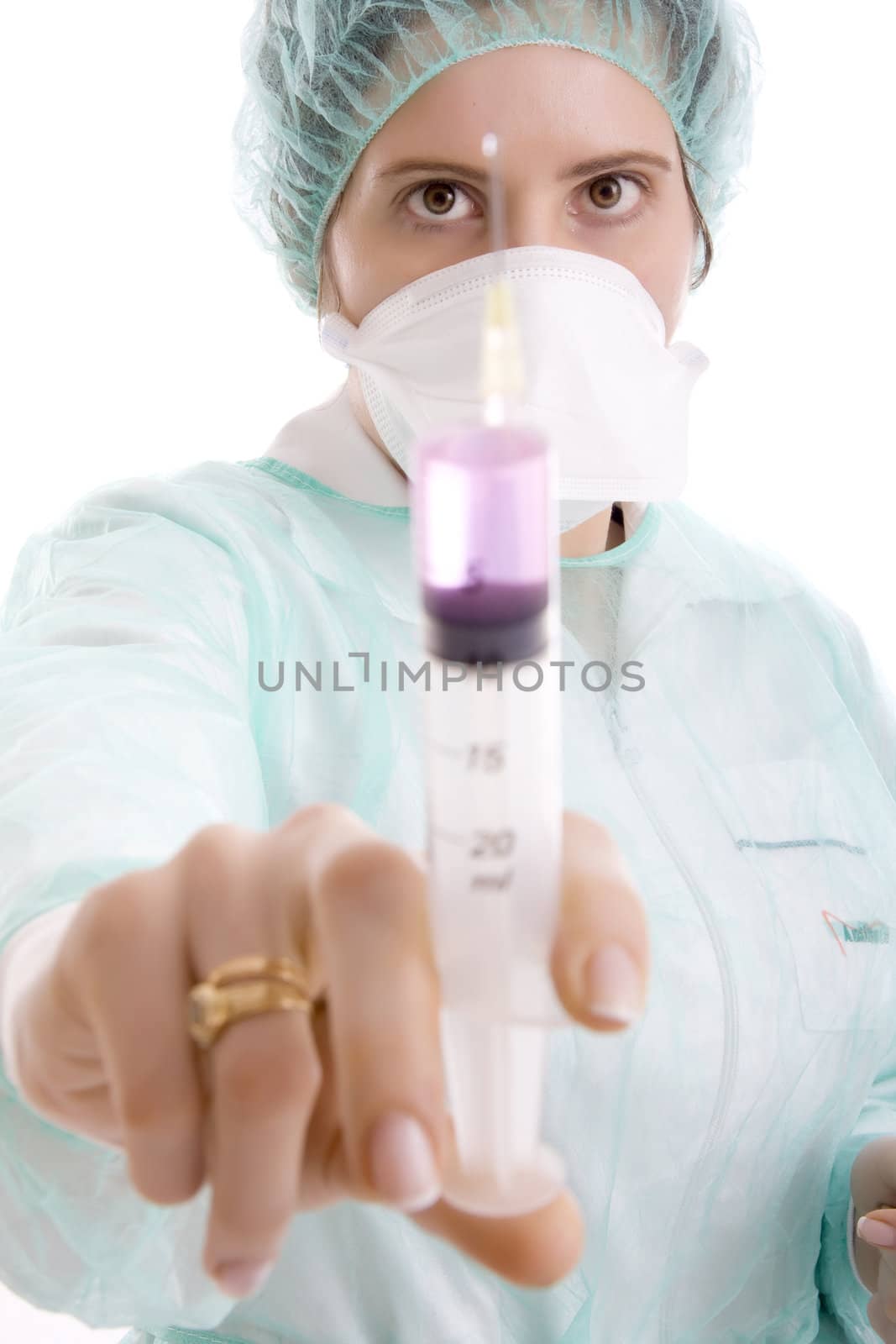 doctor holding syringe on white background
