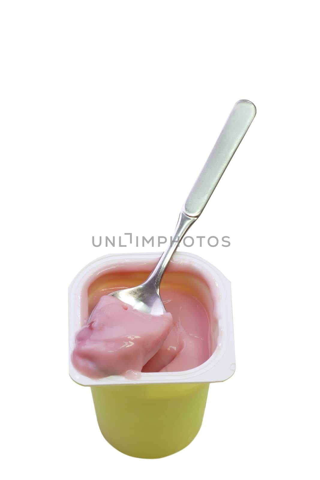 Cup of pink yoghourt - isolated on white background