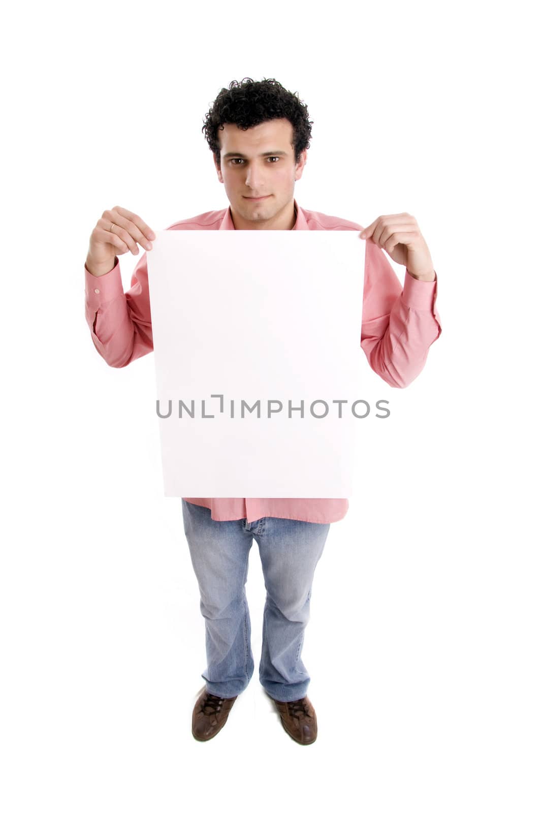 man holding an add isolated over a white background
