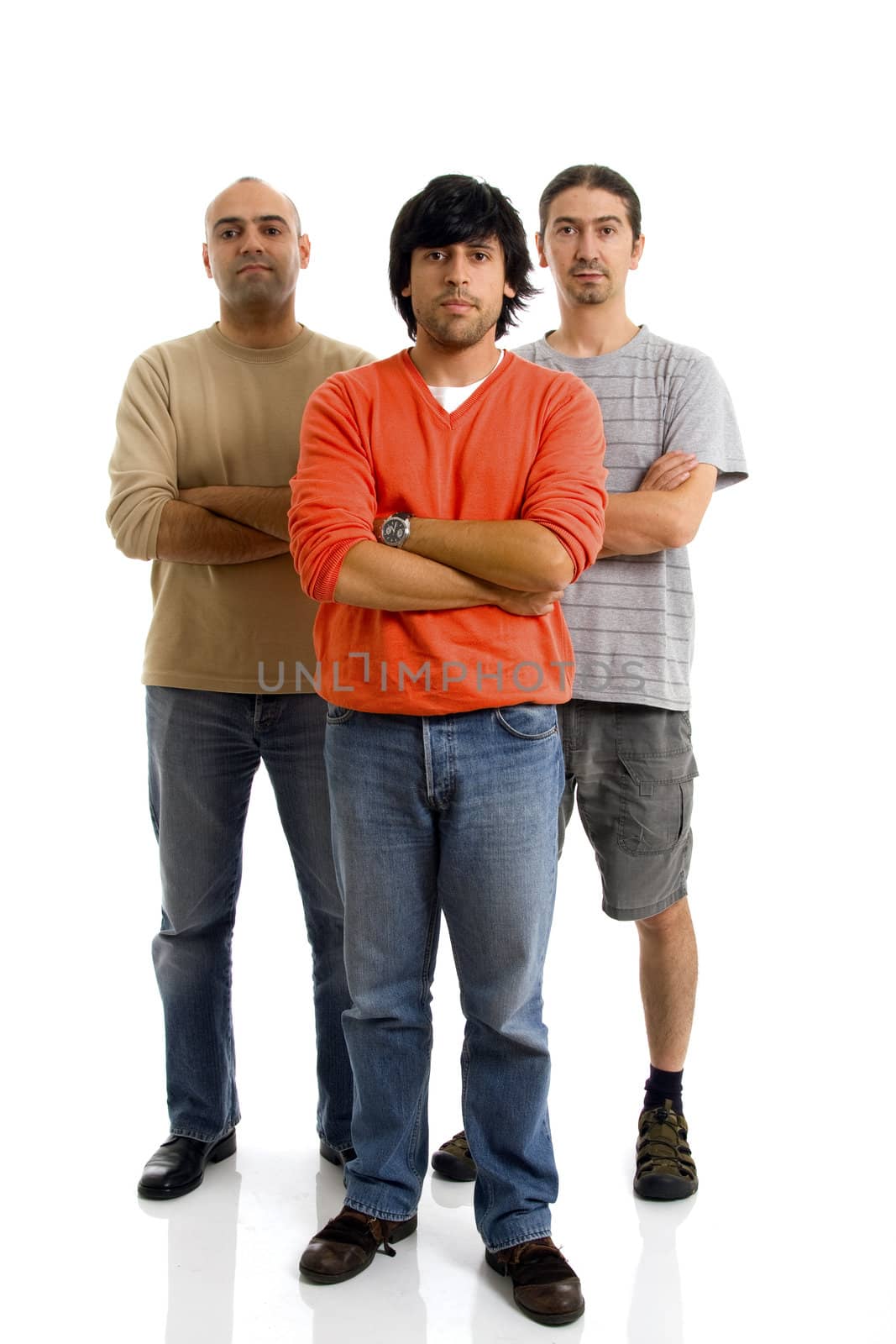 three young casual man over white