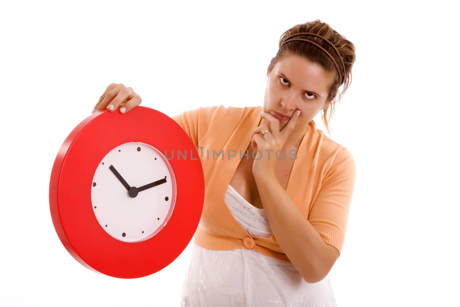 woman with clock over white